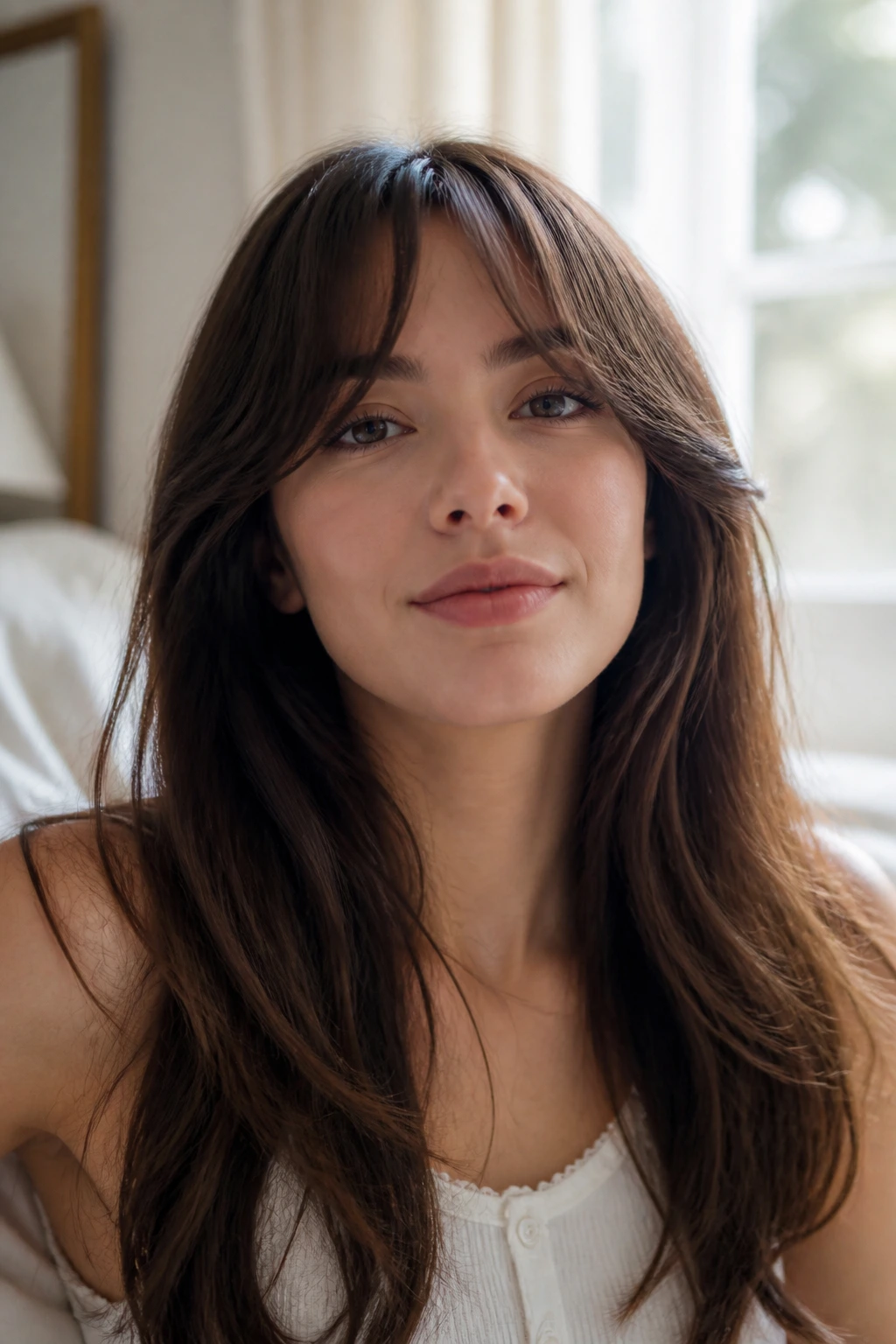 Portrait of a woman with soft arched bangs blending into the hair