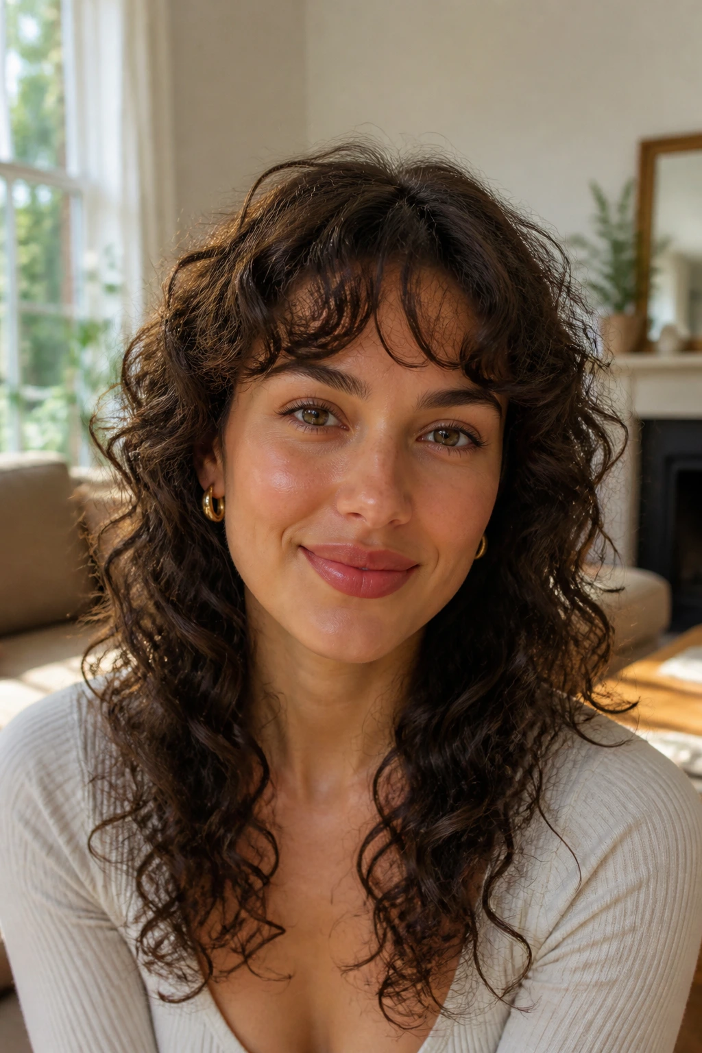 Close-up of a real woman with soft arched bangs framing the forehead