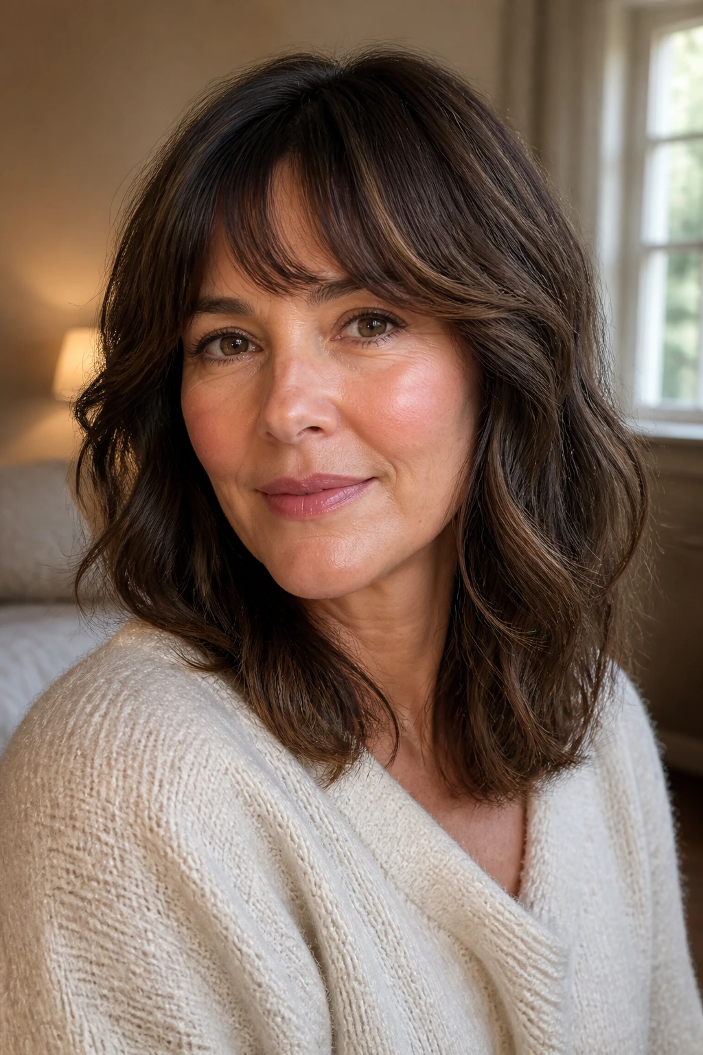 Close-up of a real woman with soft arched bangs and shoulder-length waves in warm indoor light