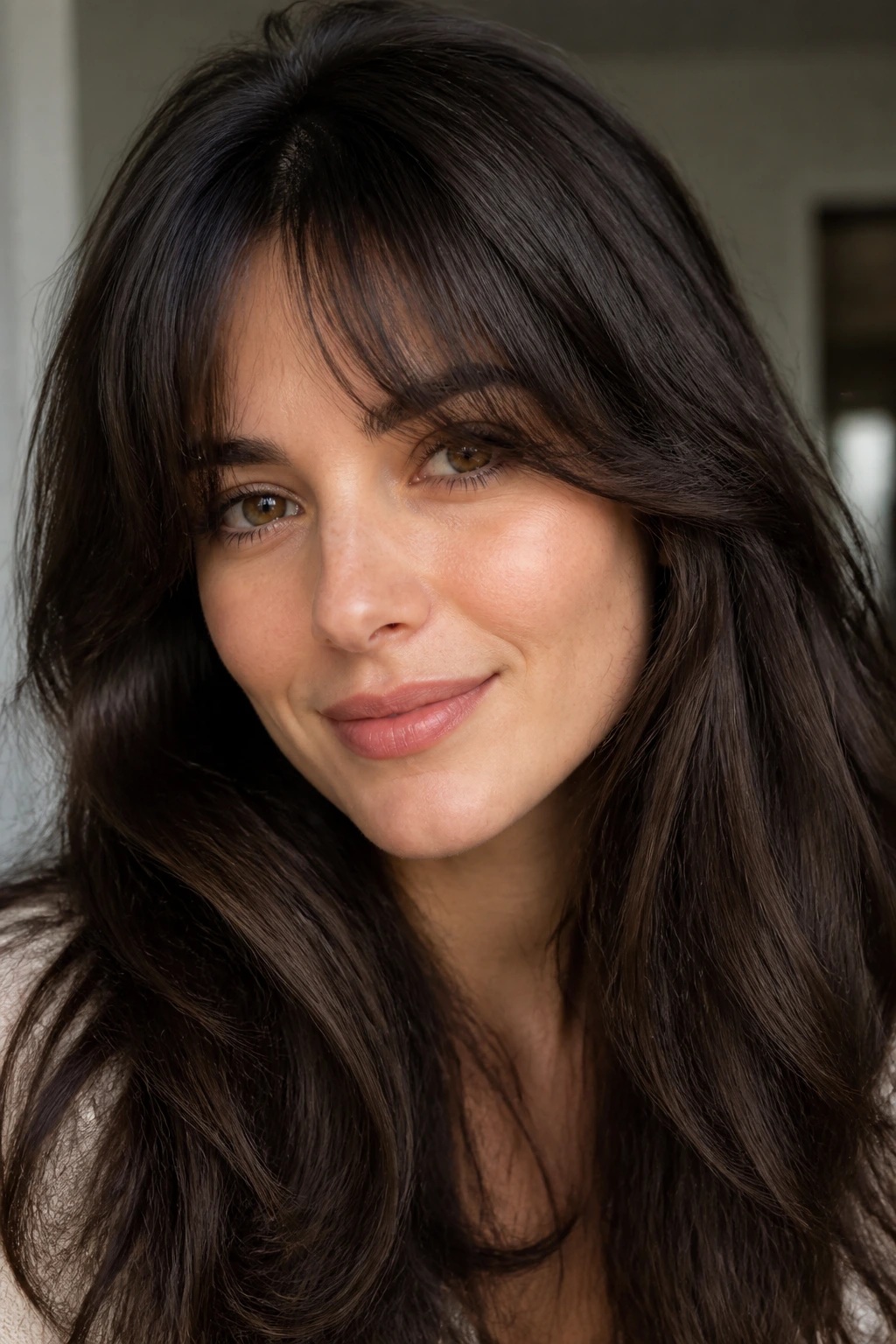 Close-up of real woman with soft arched fringe