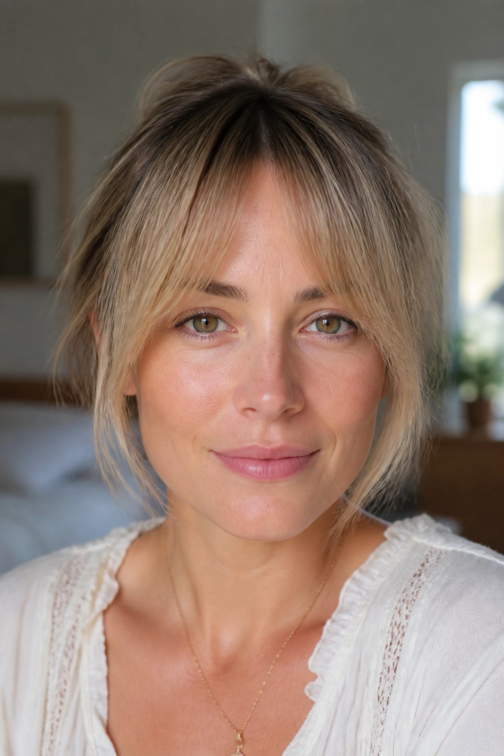 Close-up of a real woman's face with a soft arched fringe creating a fuller forehead