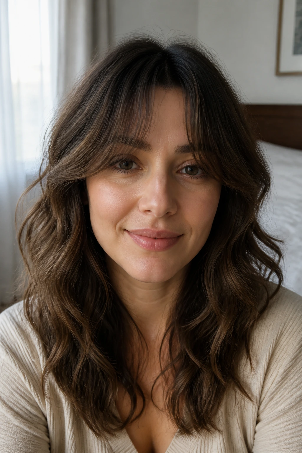 Soft arched fringe on a real person, center lift, gentle wave portrait