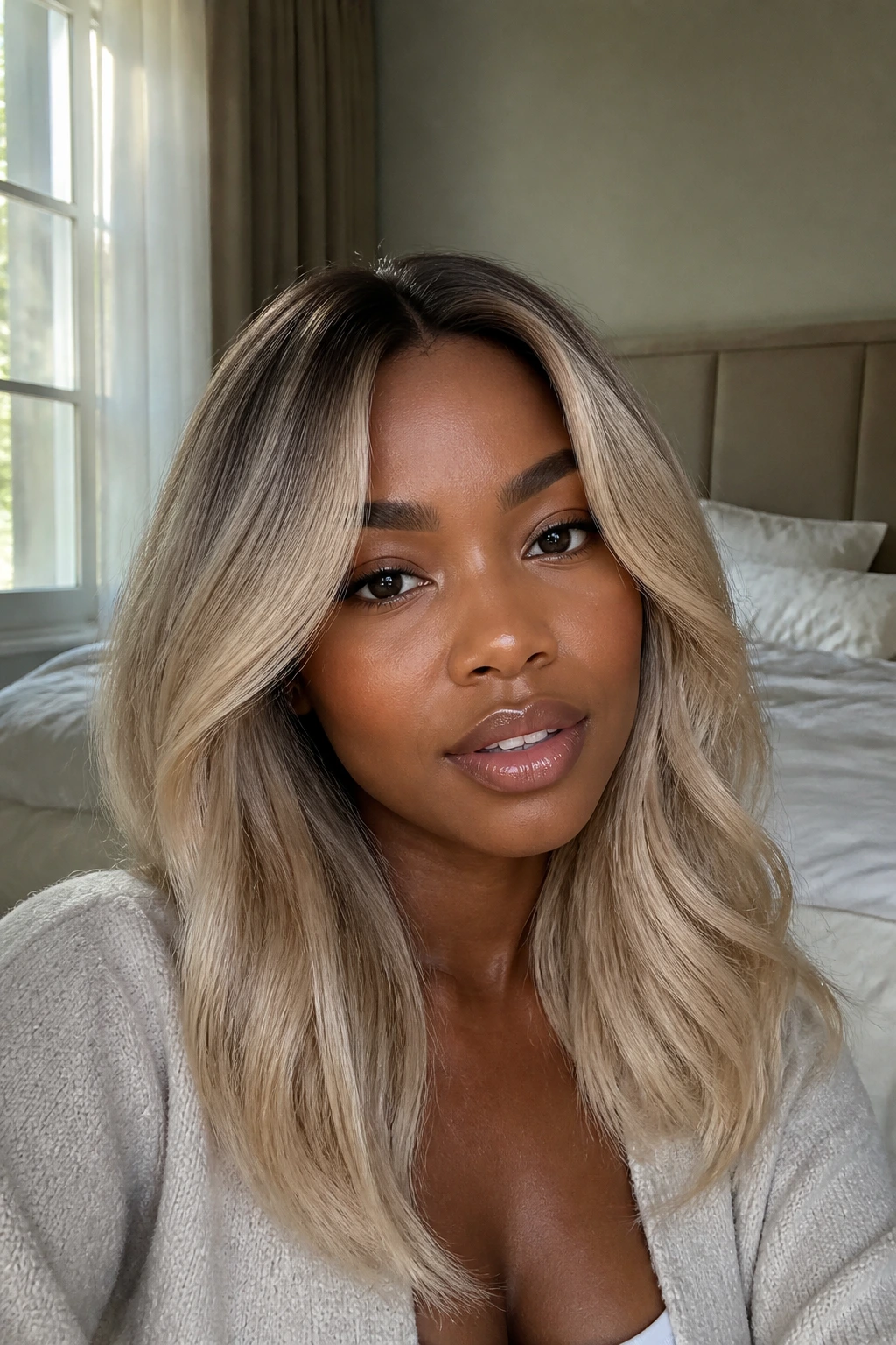 Close-up portrait of a real woman with soft ash blonde hair in morning window light