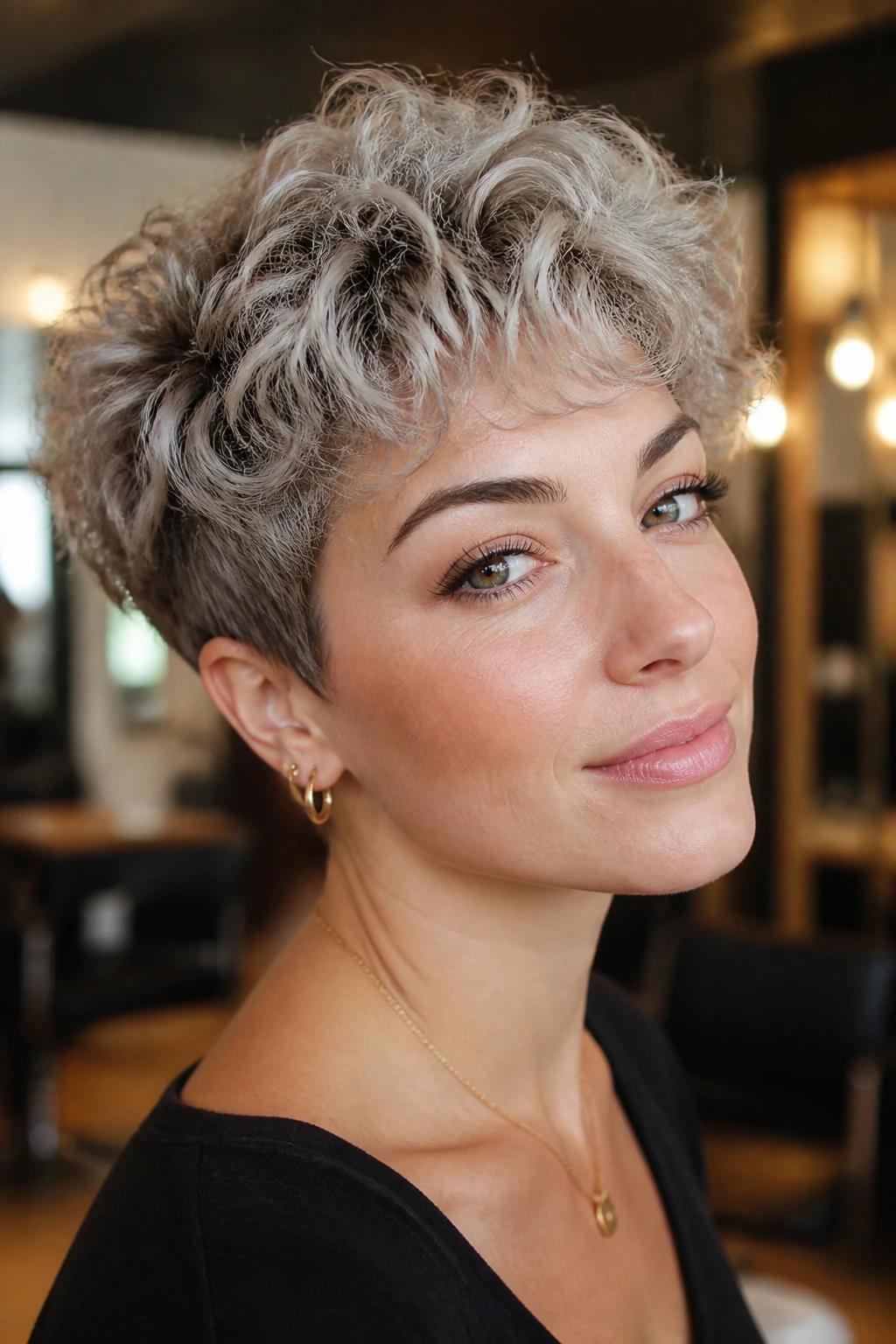 Real woman with short curly ash blonde hair, highlighting face-framing curls.