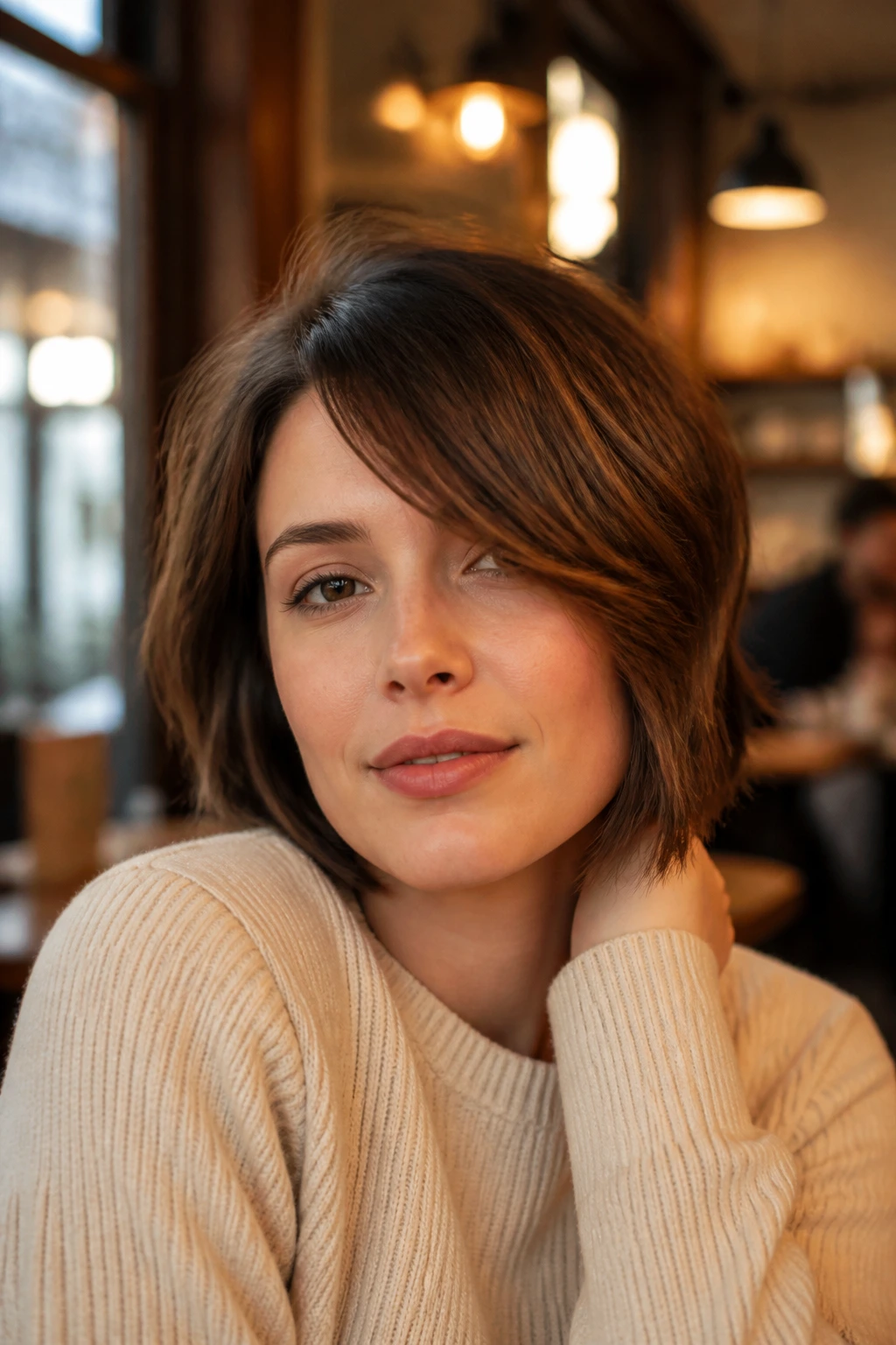 Real person with soft asymmetrical bangs in cafe light
