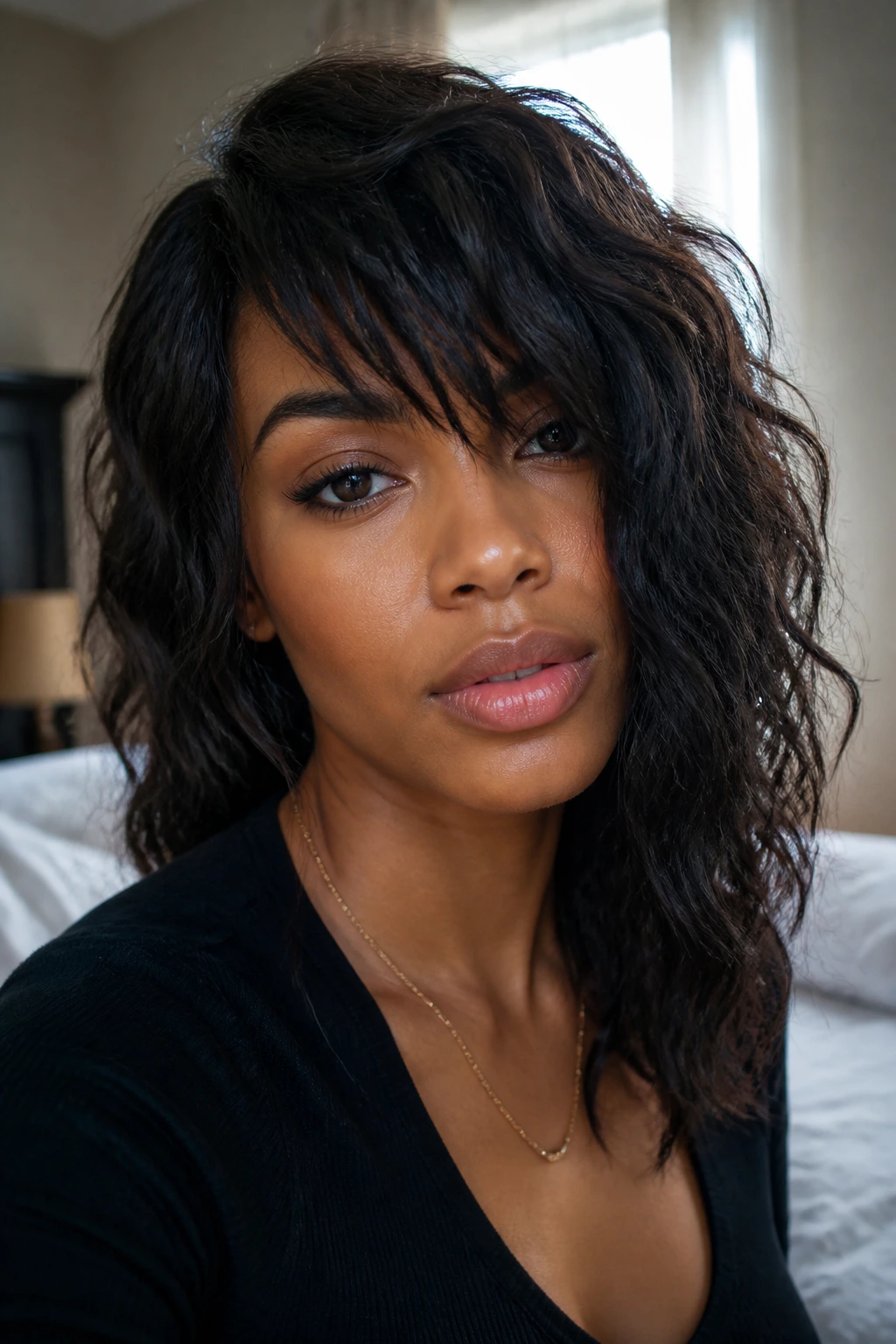 Close-up of a real Black woman with soft asymmetrical bangs on natural wavy hair