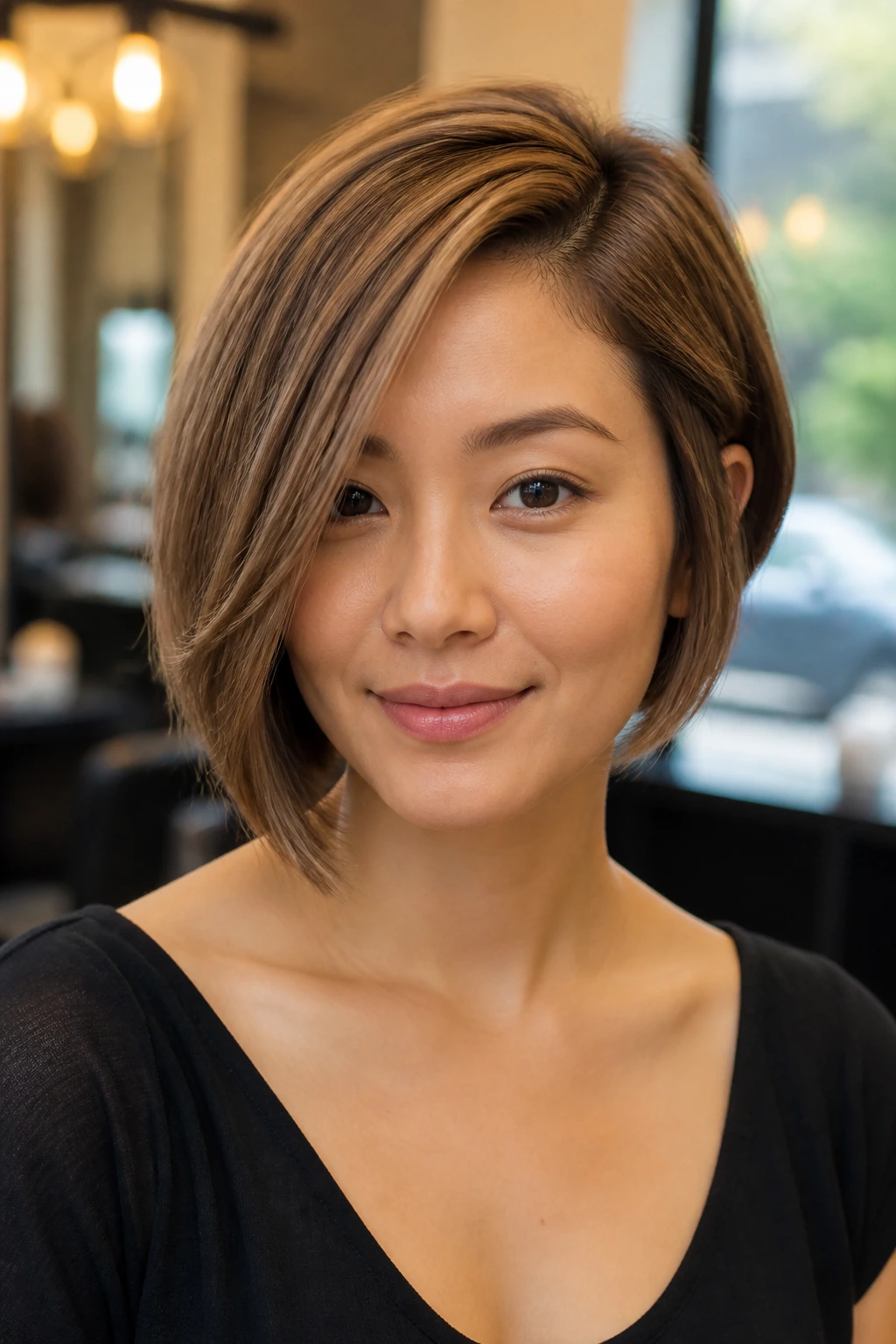 Portrait of a woman with a soft asymmetrical bob in warm hair color