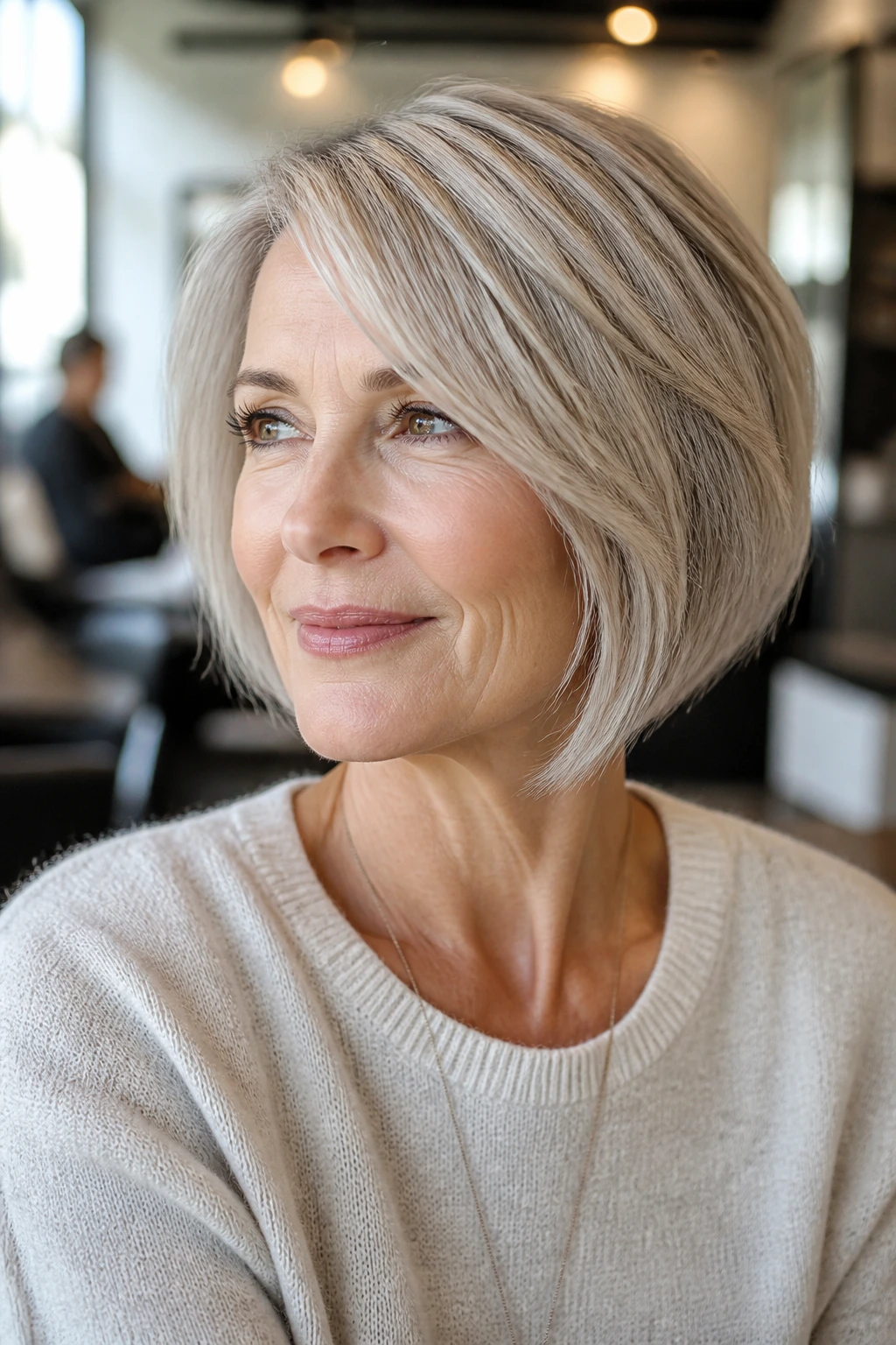 Real woman with a soft asymmetrical bob and a gentle longer side in natural light