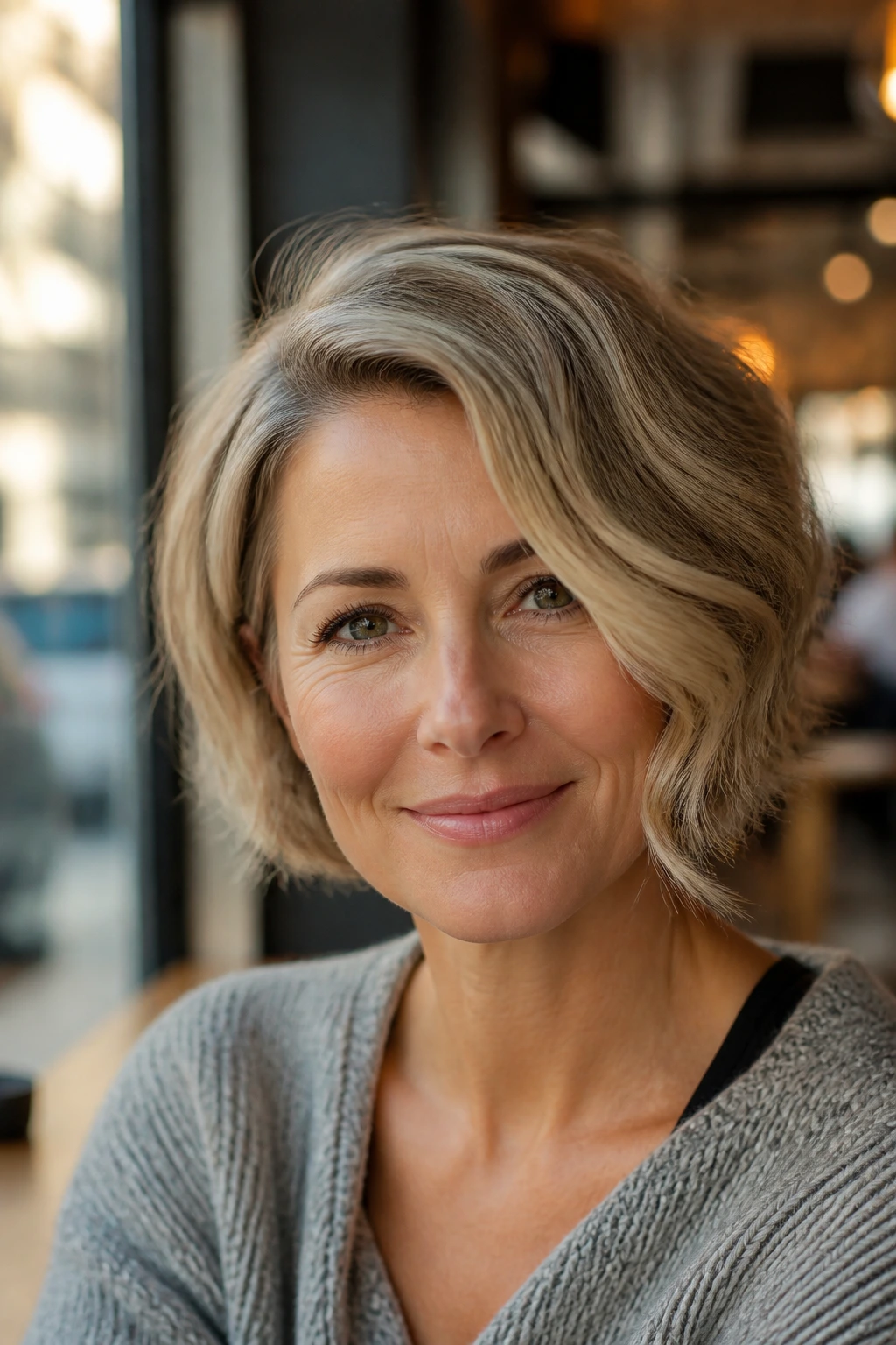 Close-up portrait of a real woman with a subtle asymmetrical bob.