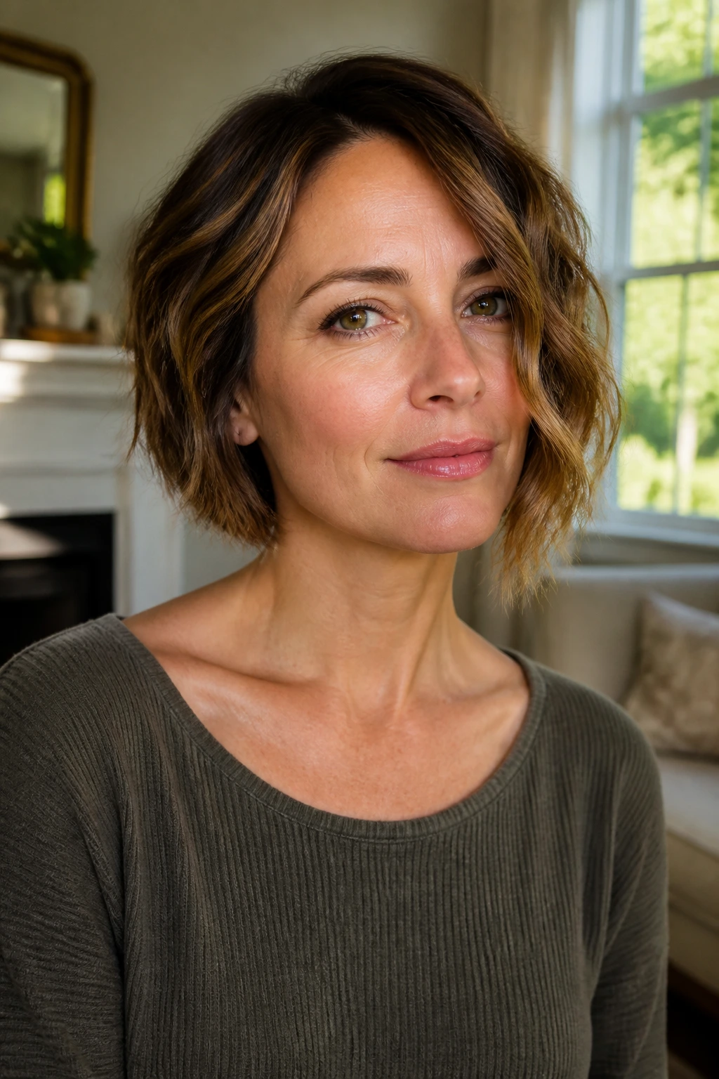 Close-up portrait of a real woman with a soft asymmetrical bob showing a subtle longer side