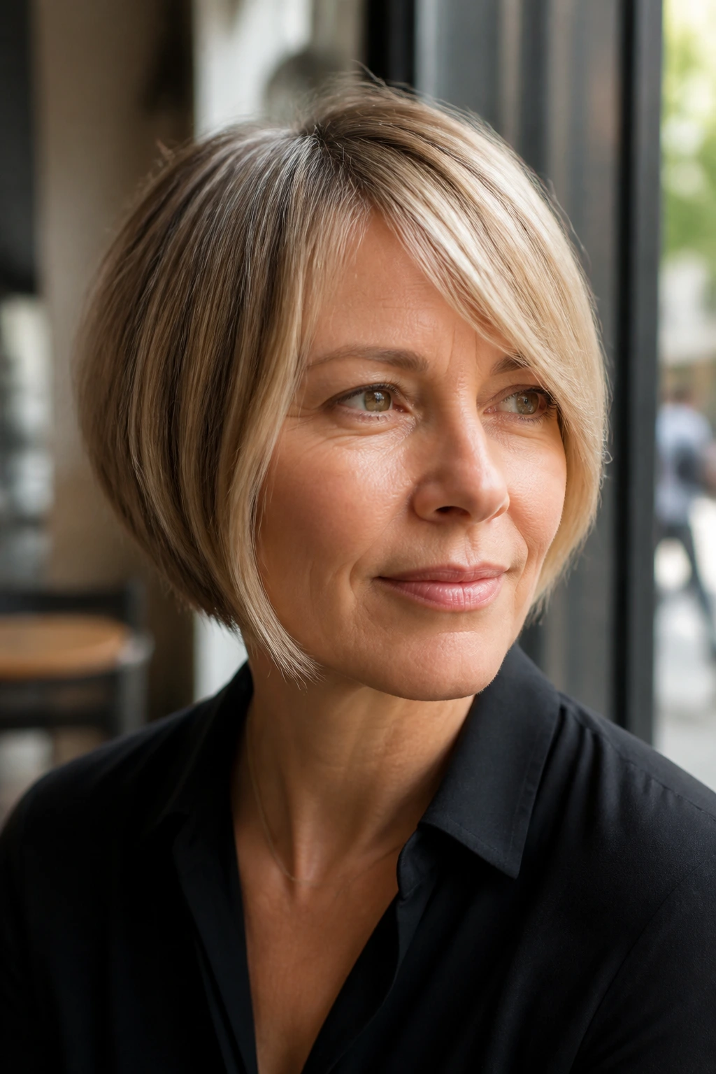 Close-up of a real woman with a soft asymmetrical bob in a sunlit cafe setting