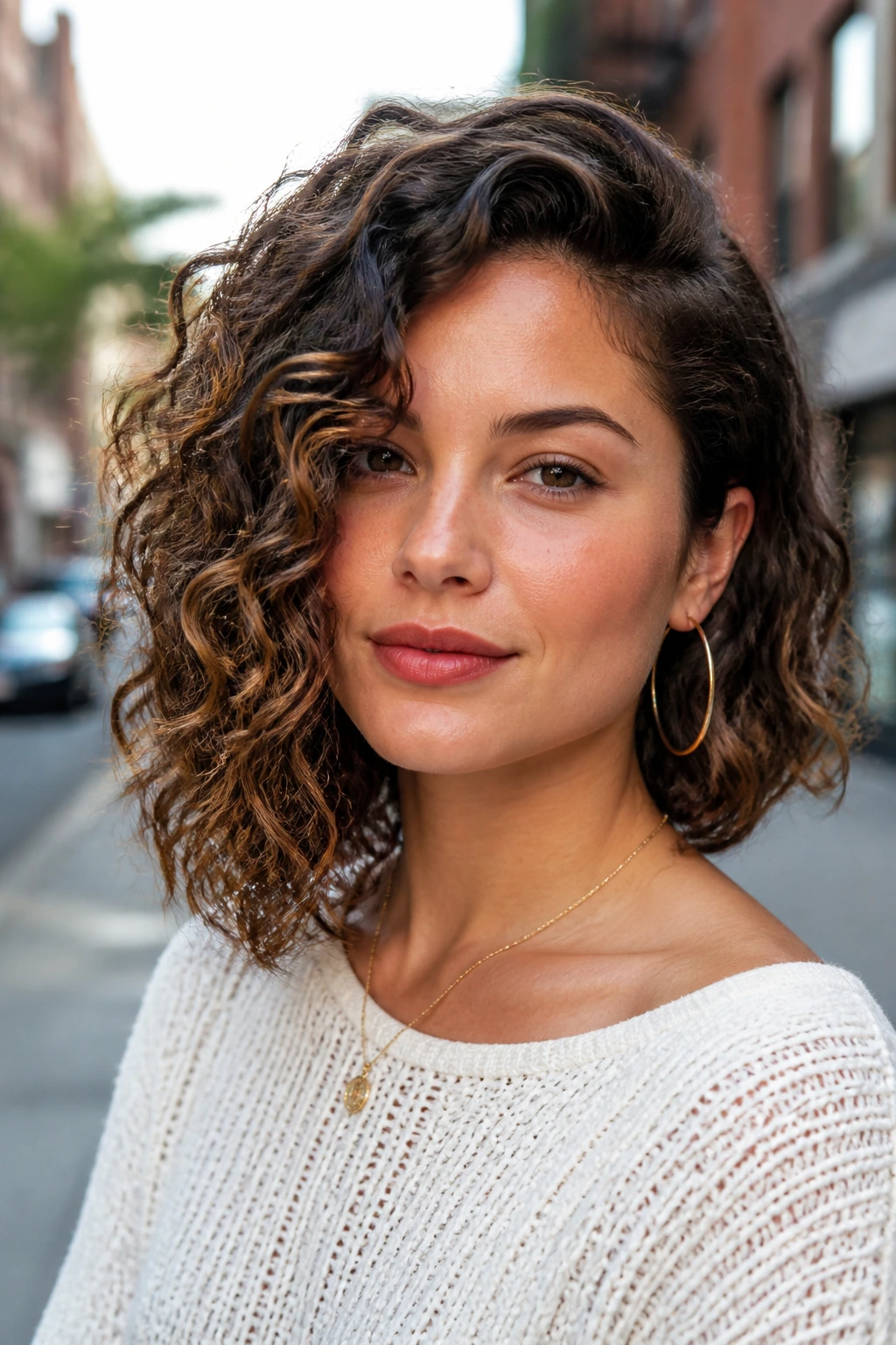Real woman with soft asymmetrical sweep hairstyle
