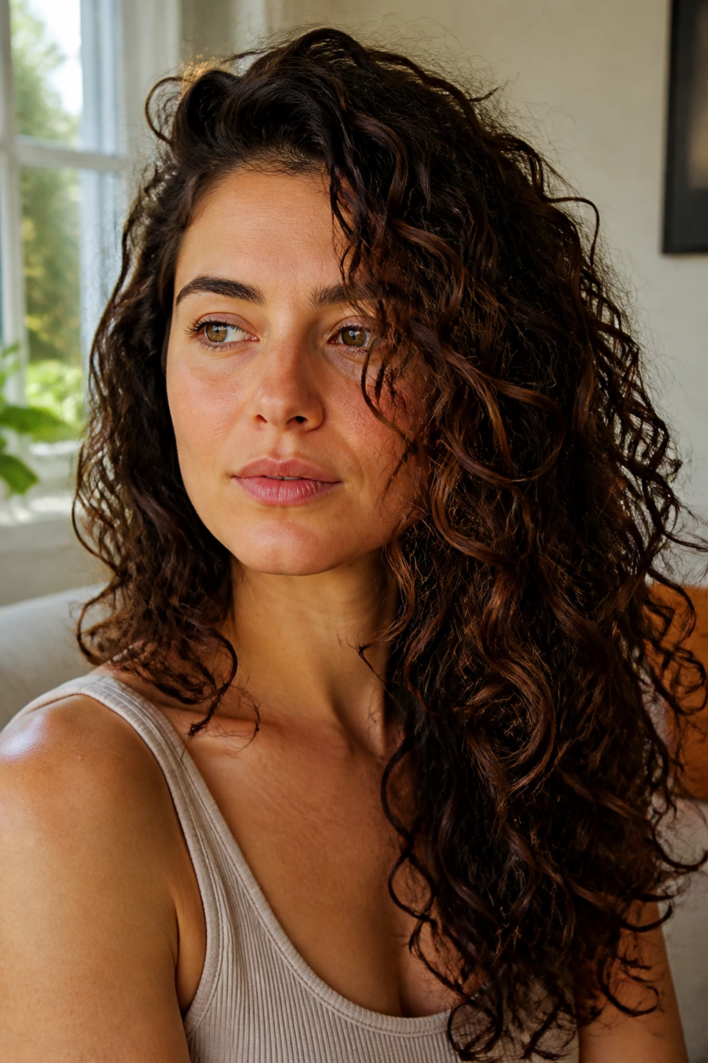 Close-up of a real woman with soft asymmetry curly cut, off-center length and dense curls.