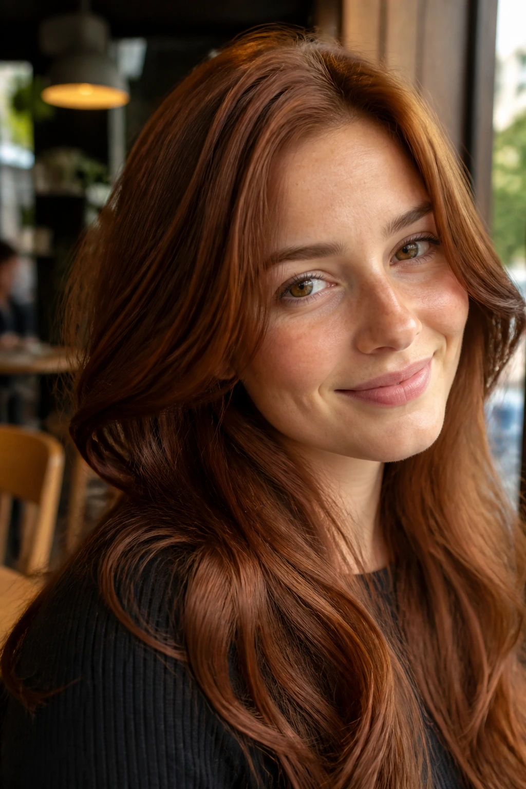 Close-up of a real woman with Soft Auburn Gloss hair—red-brown warmth on warm skin.