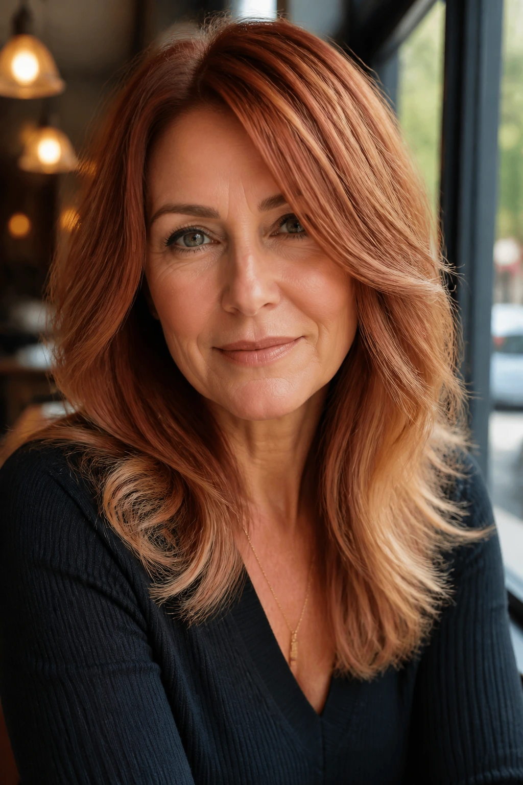 Close-up portrait of a real woman with soft auburn strawberry fade hairstyle by cafe window