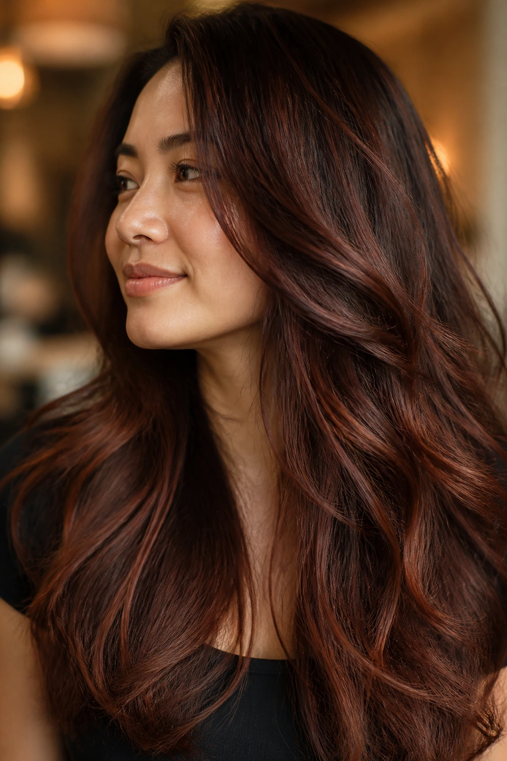 Close-up portrait of a real woman with a soft auburn veil on thick hair under warm light.