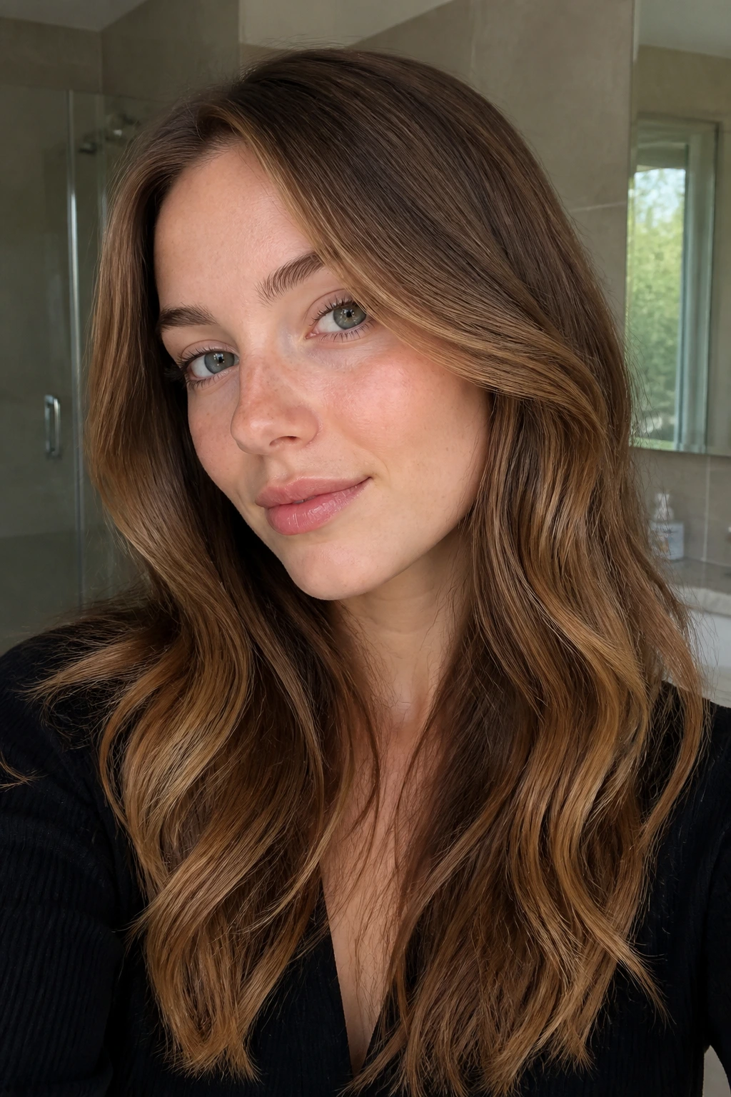 Close-up of soft chestnut caramel balayage on a real person