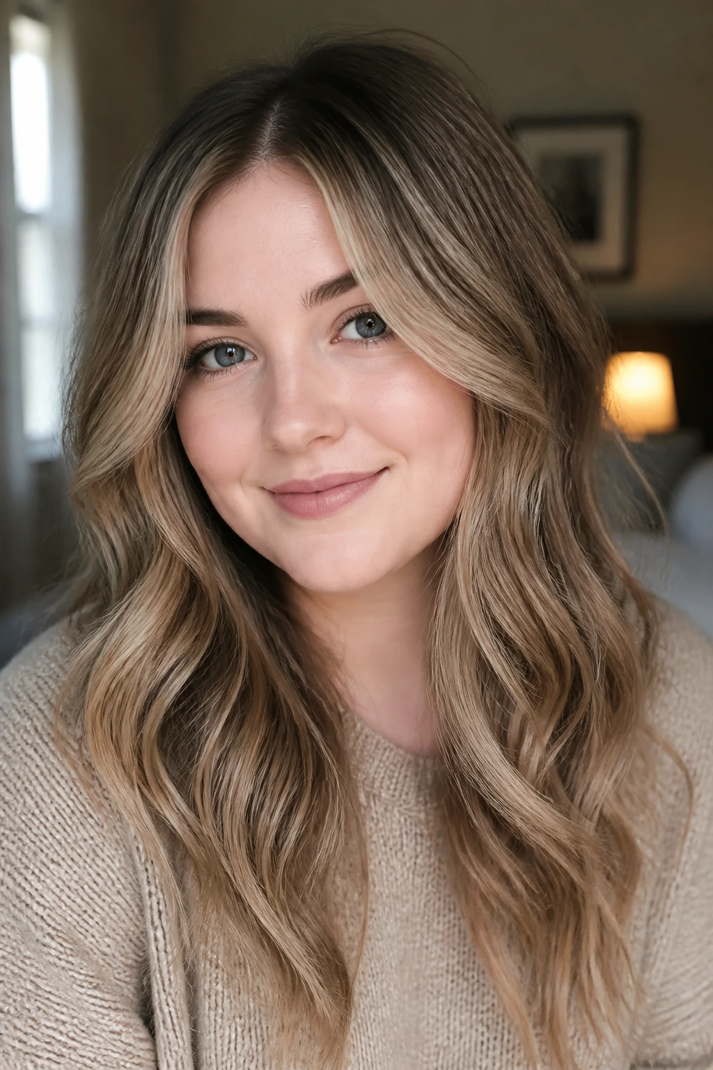 Close-up of a real woman with soft balayage on pale skin and a round face