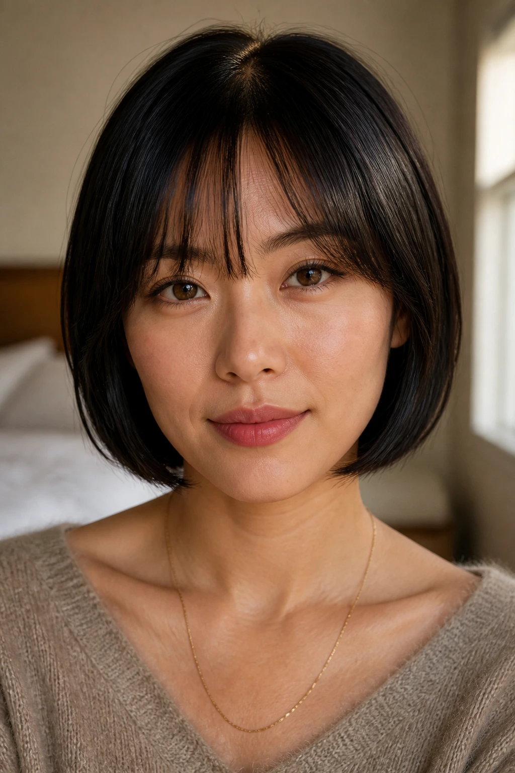 Close-up of a woman with wispy bangs framing her brows in a bob