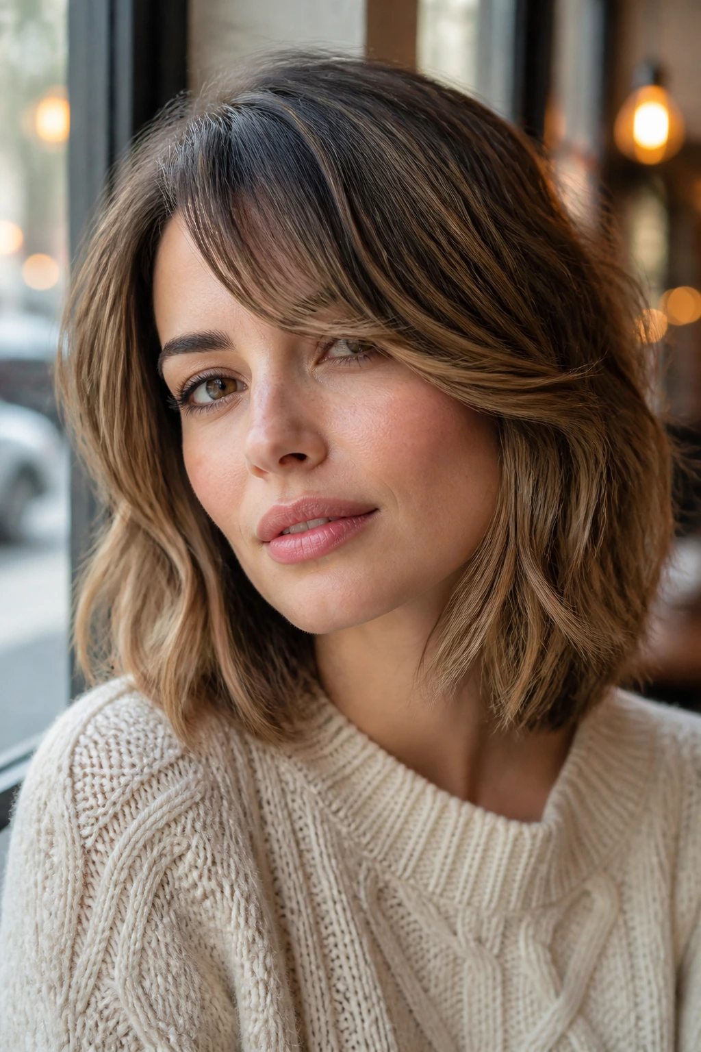 Close-up of a woman with a soft bang lob and side-swept fringe