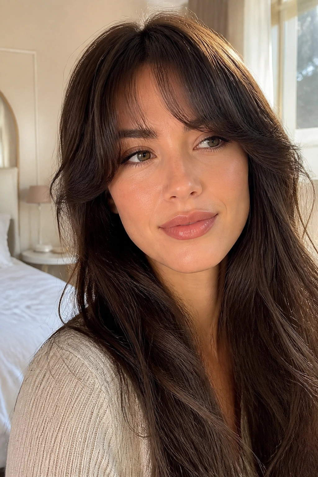 Close-up portrait showing soft front bangs on a real woman
