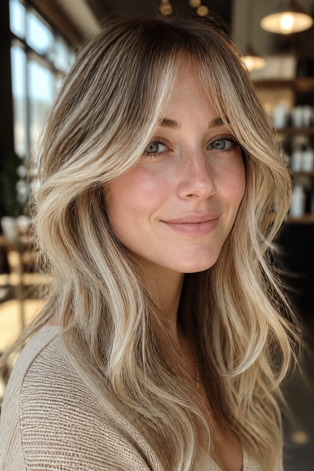 Close-up portrait of a woman with soft bangs framing the face and subtle balayage.