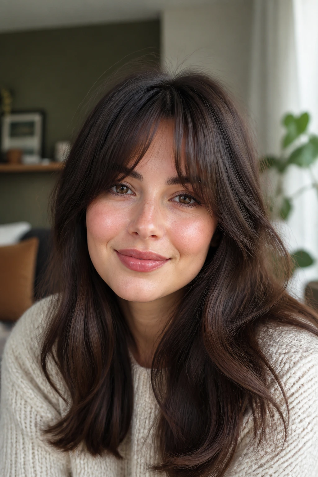 Close-up of a real woman with soft bangs and subtle forehead opening.