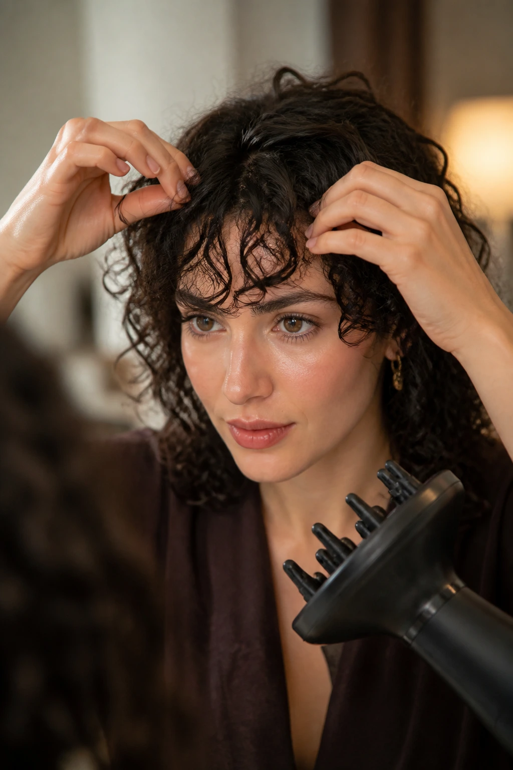 Real person styling damp front bangs at vanity with diffuser nearby