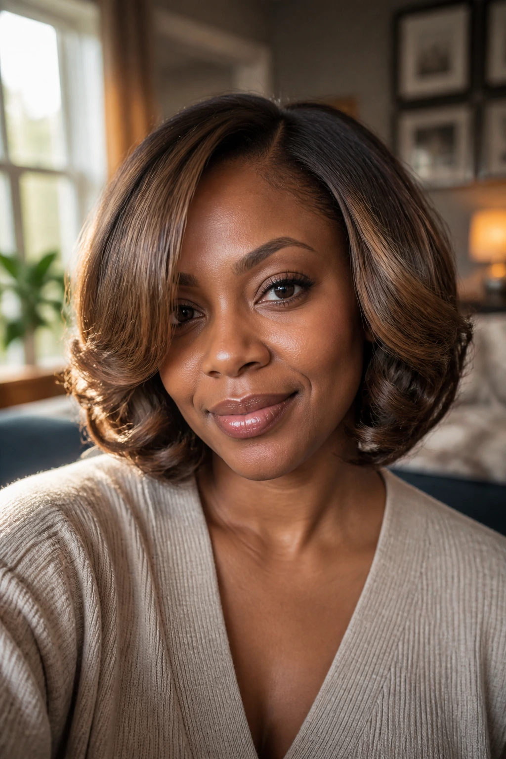 Close-up portrait of a real woman with a soft barrel-curled shoulder-length bob in warm window light