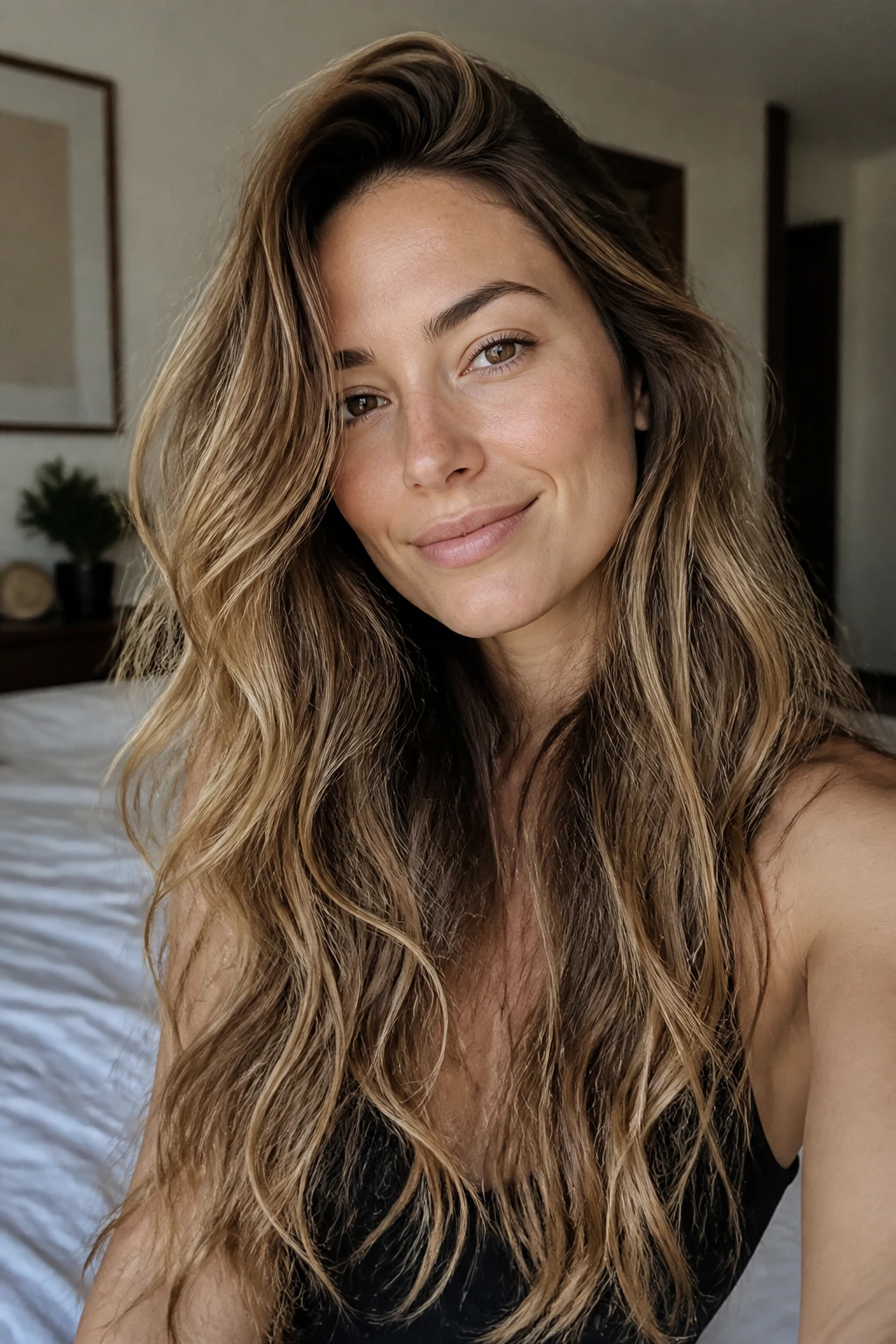 Close-up of a real woman with long hair styled in soft beachy waves framing her face.