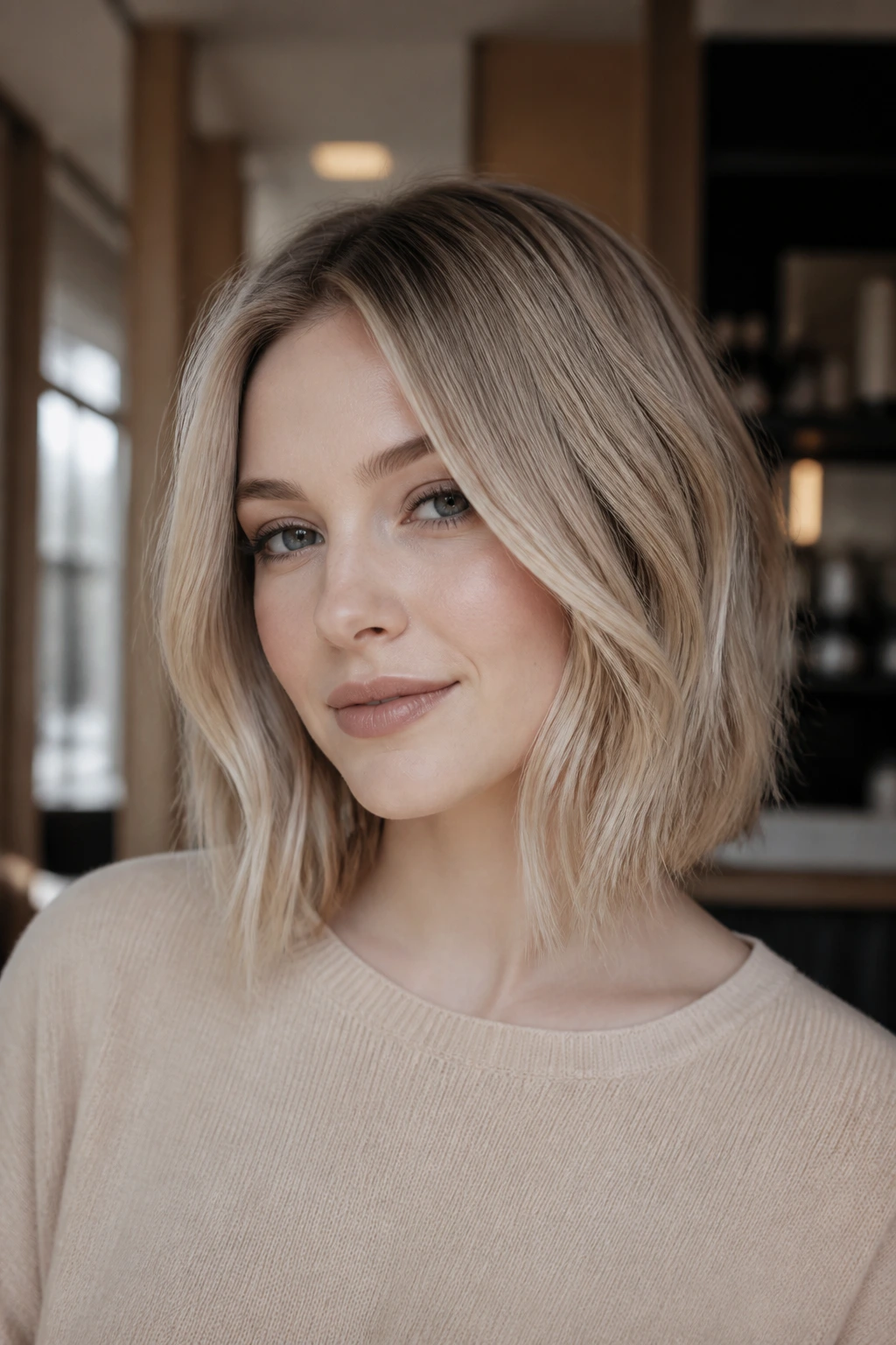 Real woman with soft beige A-line lob in warm, natural light