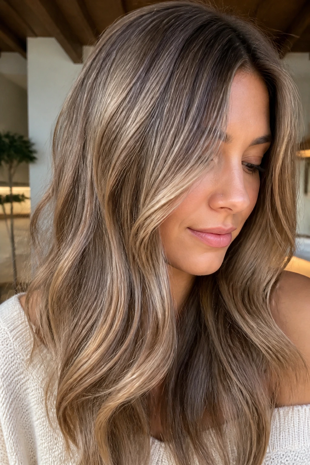 Close-up portrait of a person with soft beige-ash caramel hair finish