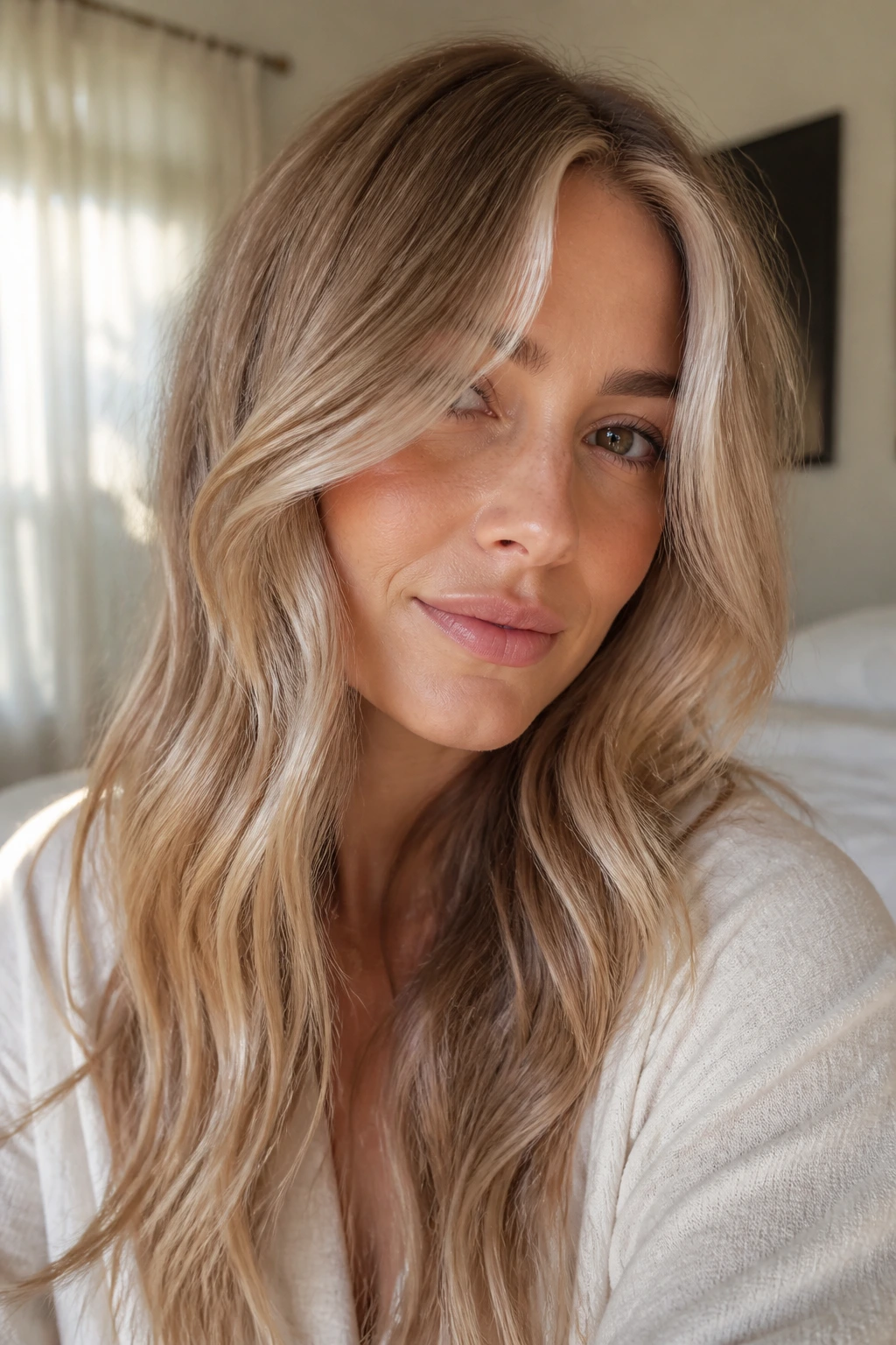 Close-up portrait of a real woman with soft beige balayage and babylight veils