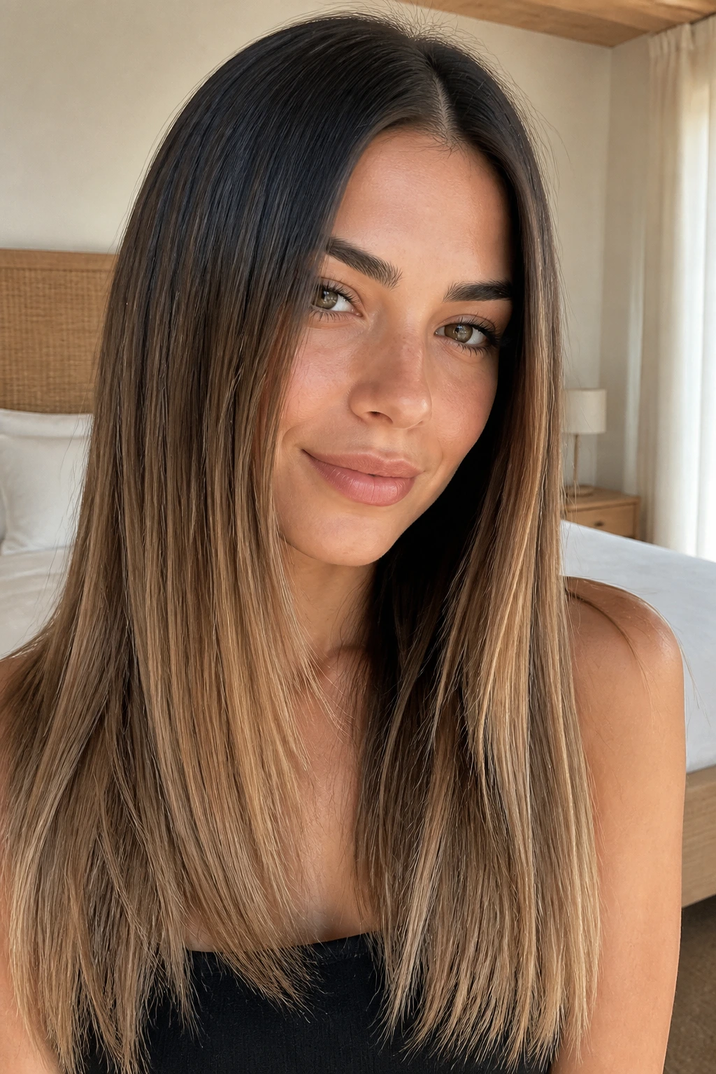 Close-up of a real woman with soft beige balayage on straight brunette hair