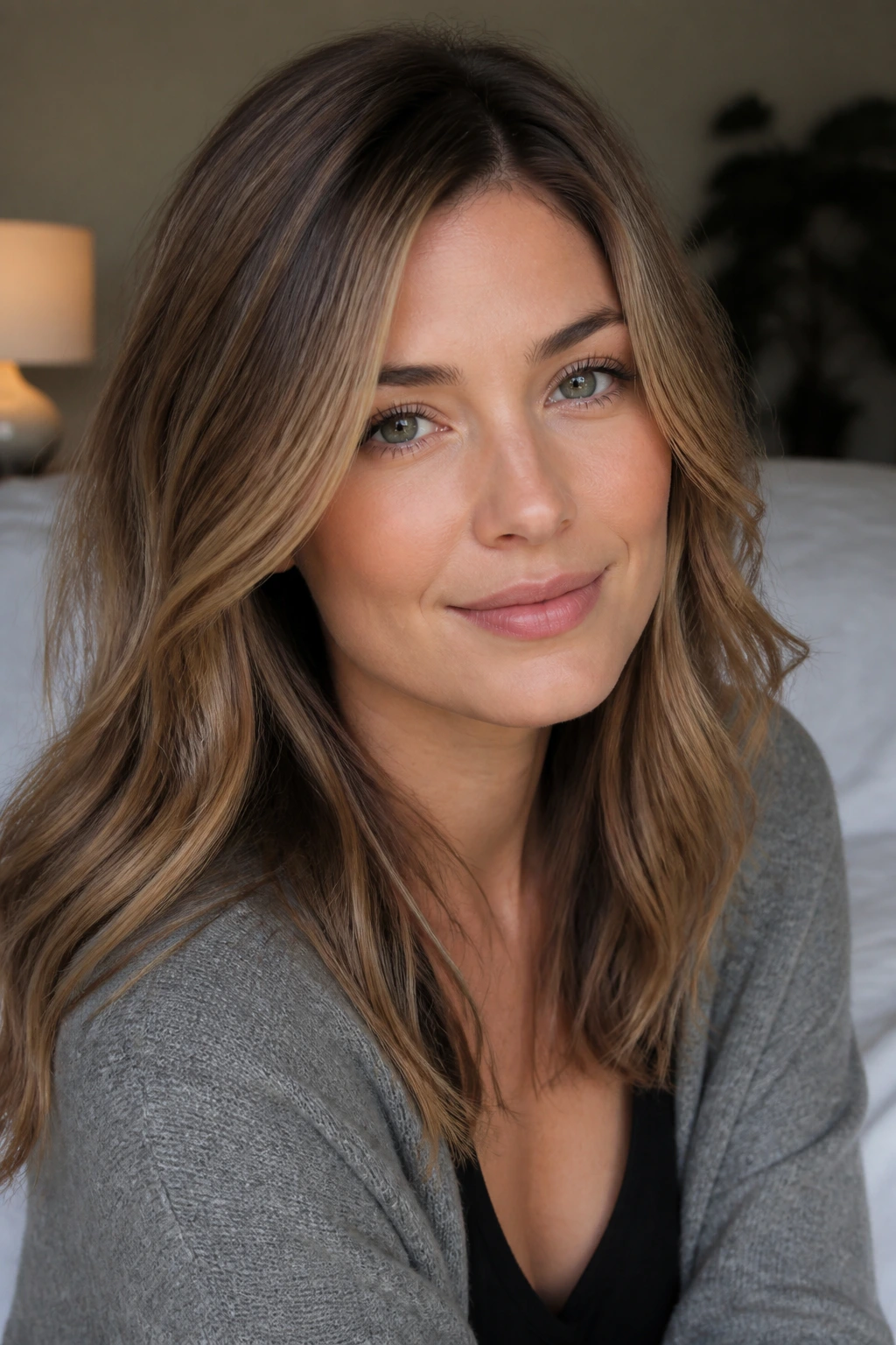 Close-up of a woman with soft beige caramel hair in calm daylight.