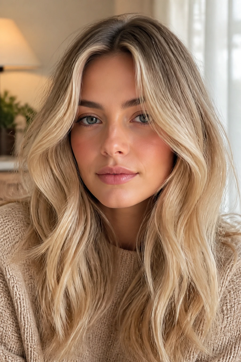 Portrait of a real woman with soft beige-champagne blonde and deeper roots