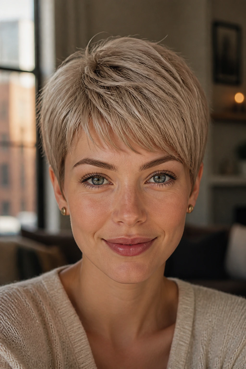 Close-up portrait of a real woman with a soft beige pixie cut