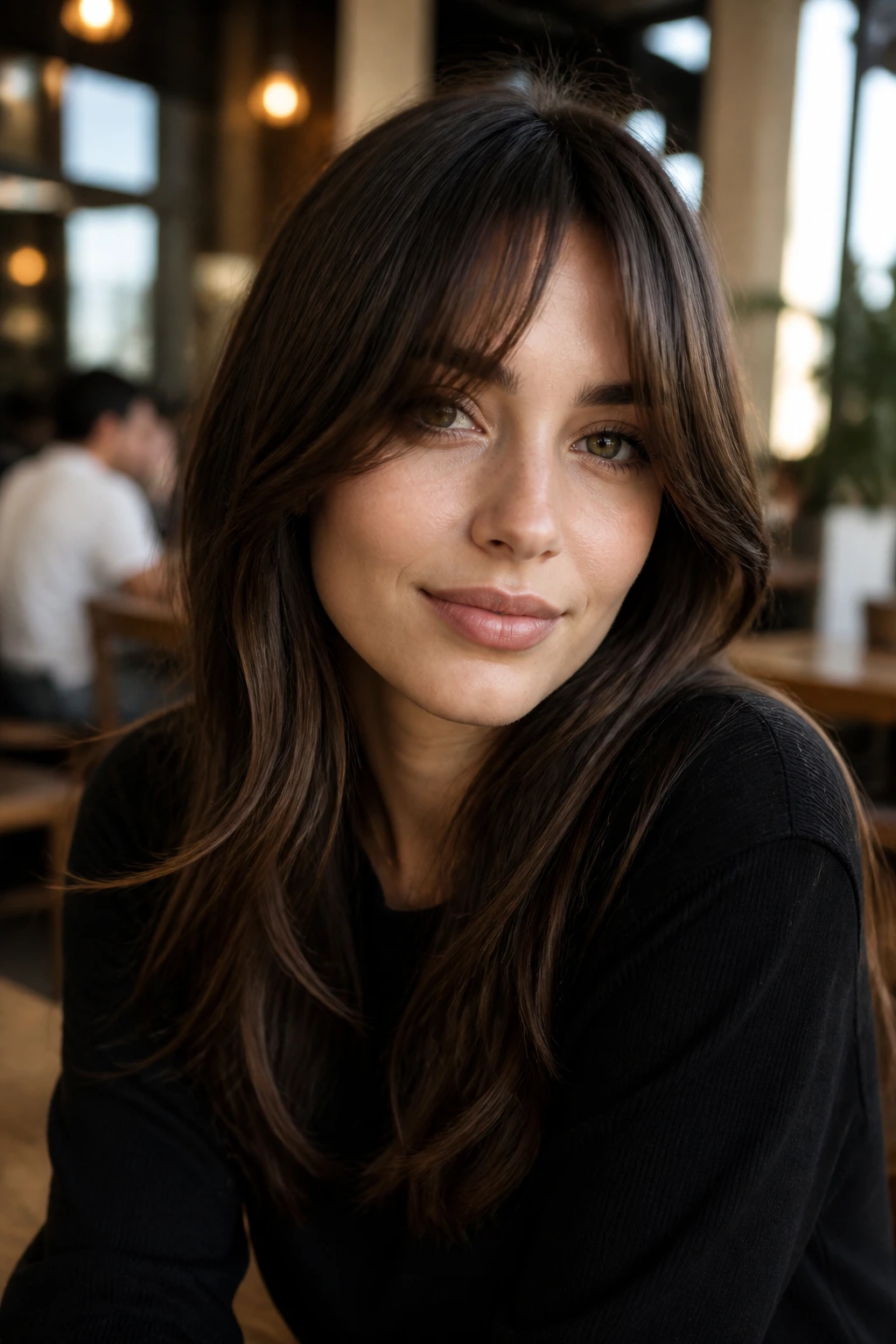 Close-up of a real woman with soft bend bangs in cafe light