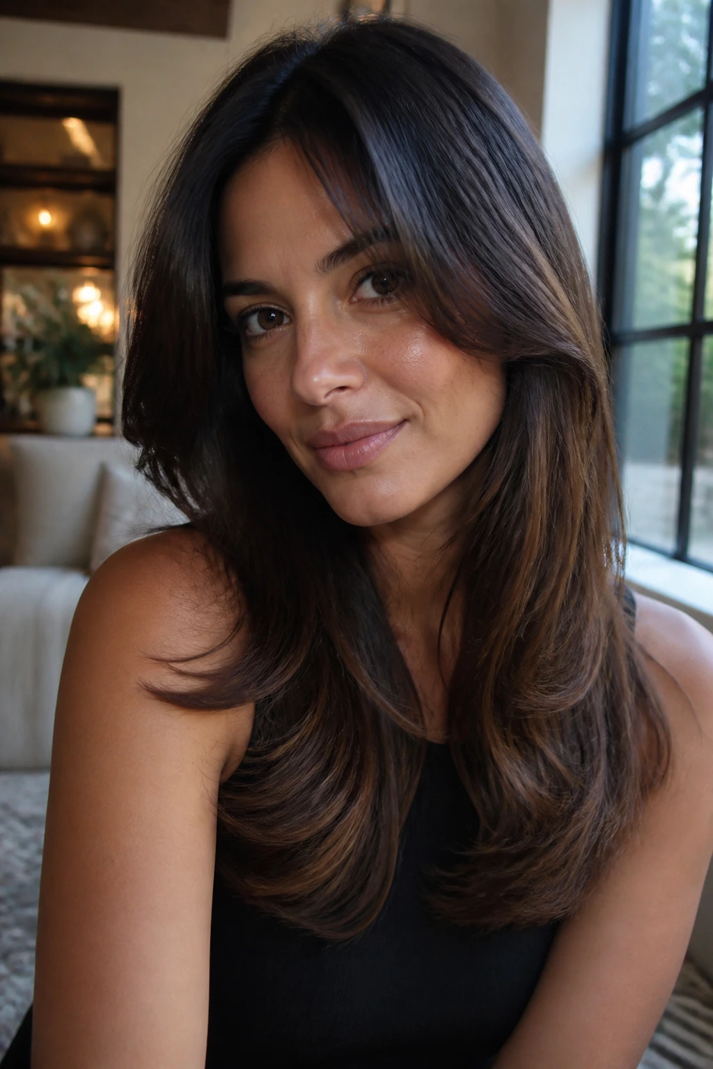 Close-up of a woman with soft-bend blowout layered hair