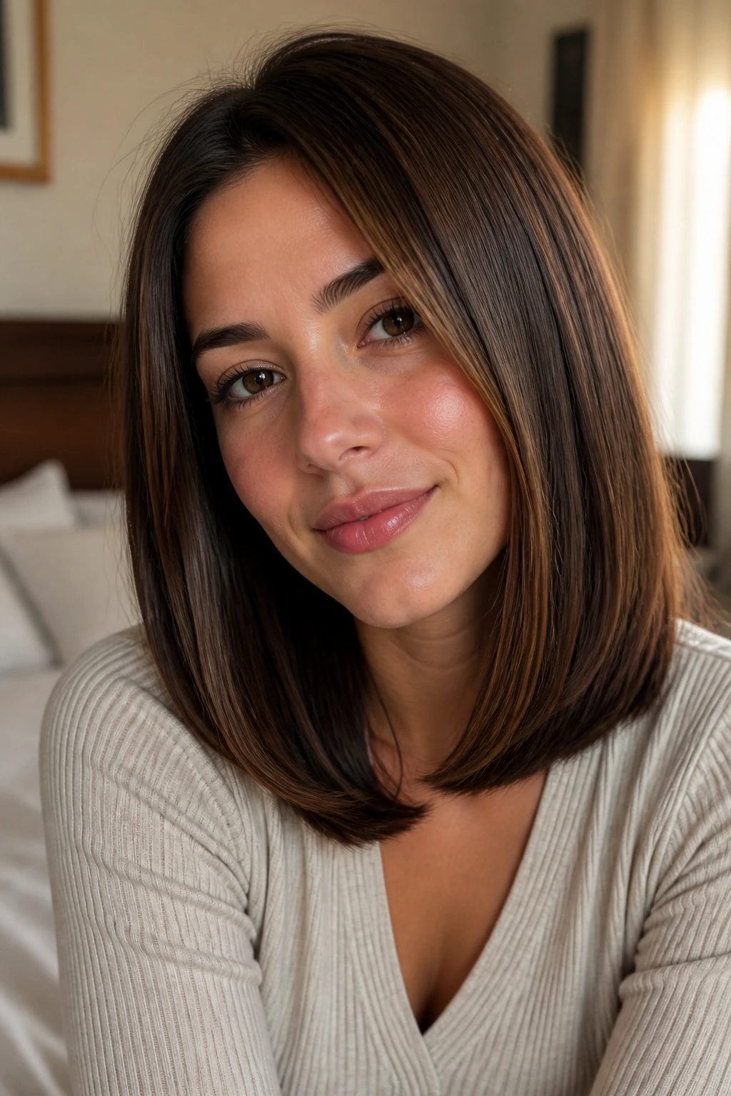 Close-up of a woman with a soft bend finish hair illuminated by window light
