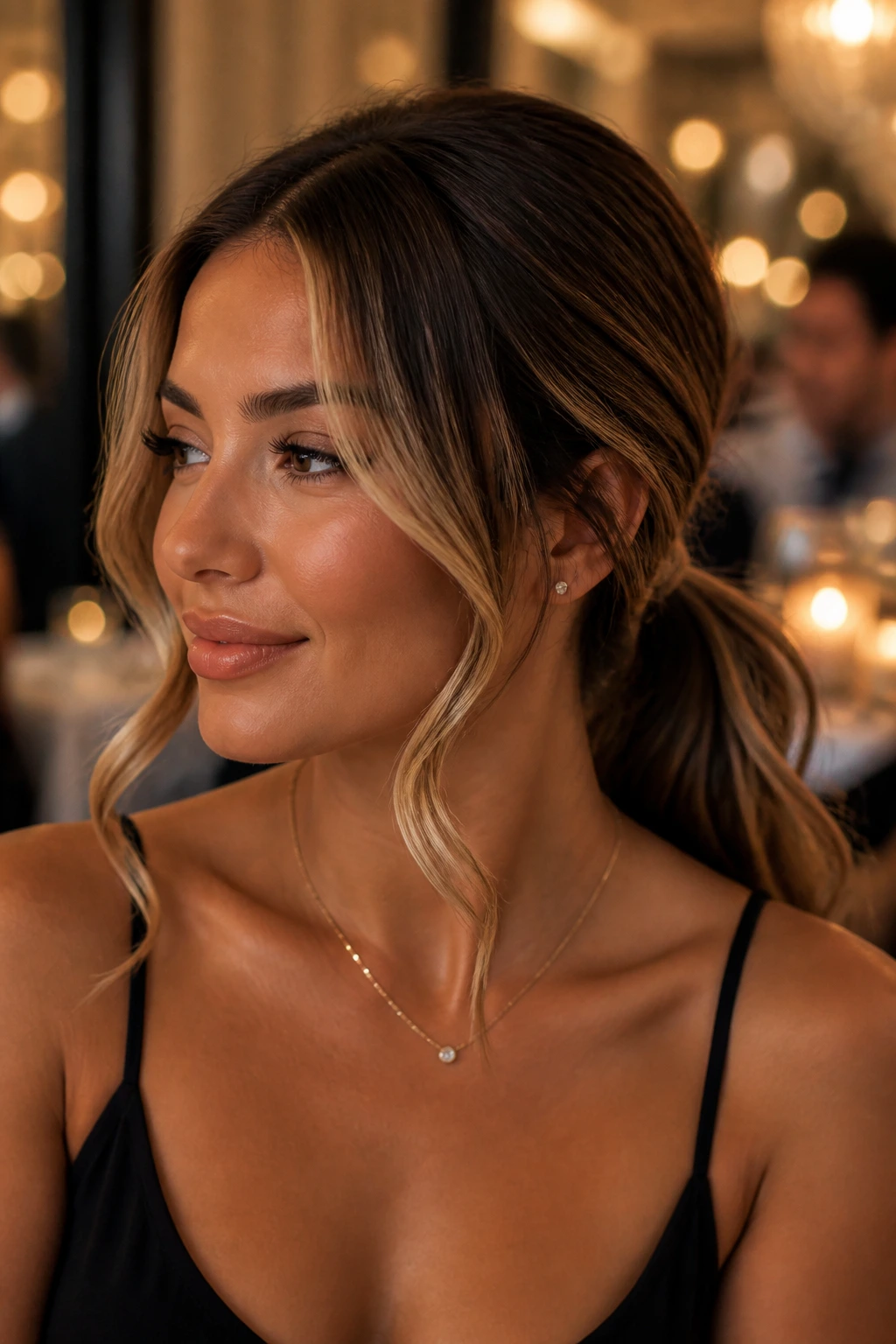 Close-up of a woman with a soft-bend low ponytail and curled front pieces at dinner.