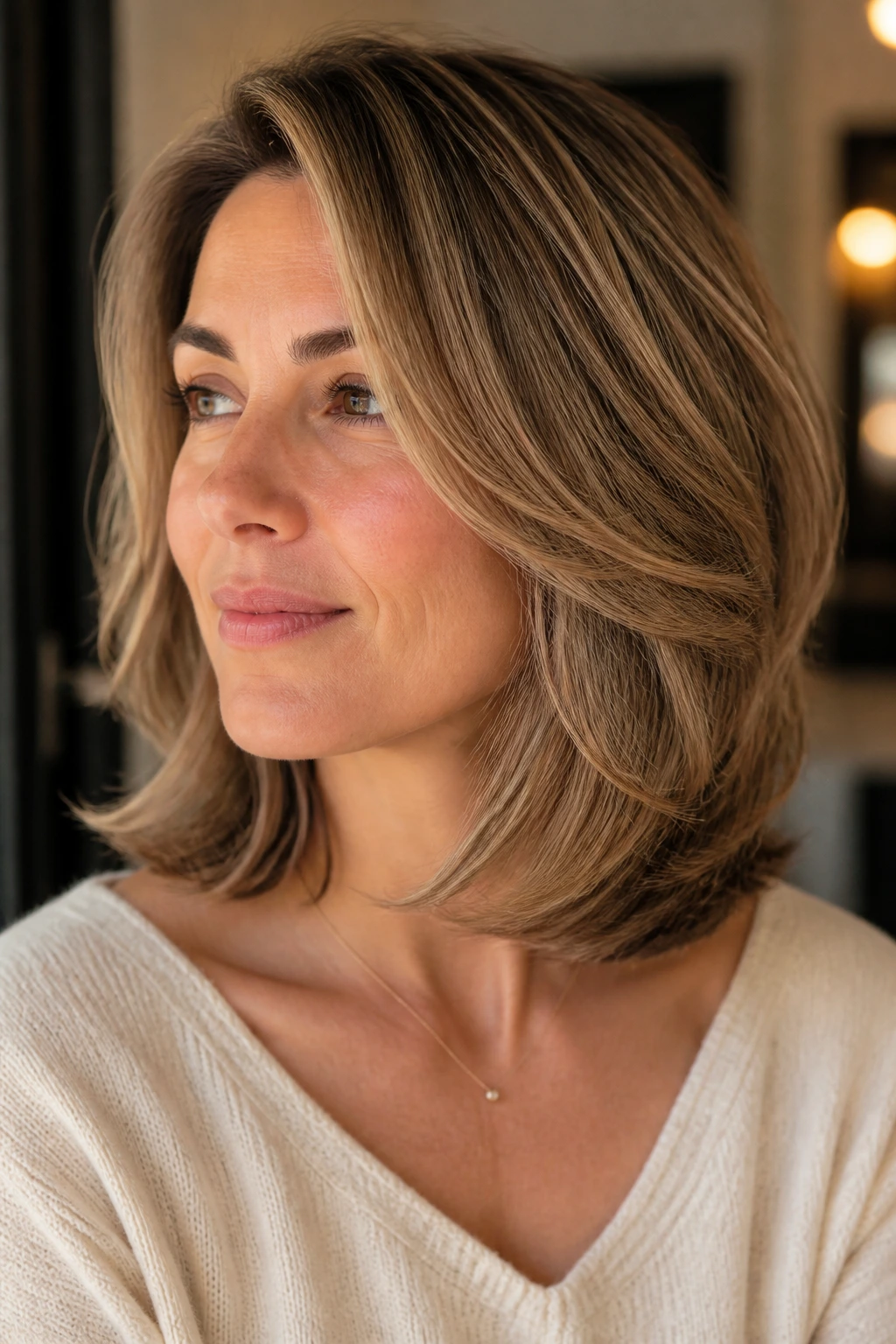 Portrait of a person with short fine hair showing a gentle bend at the ends.