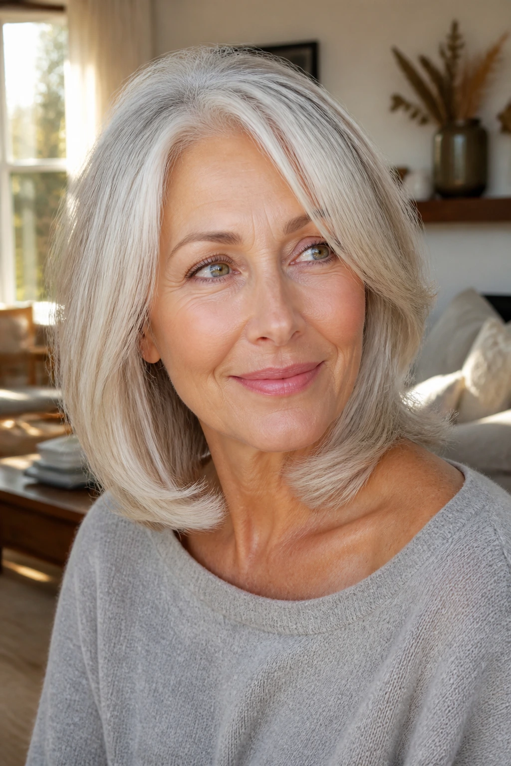 Portrait of a real person with a soft-bend shoulder cut and light babylights framing the face.