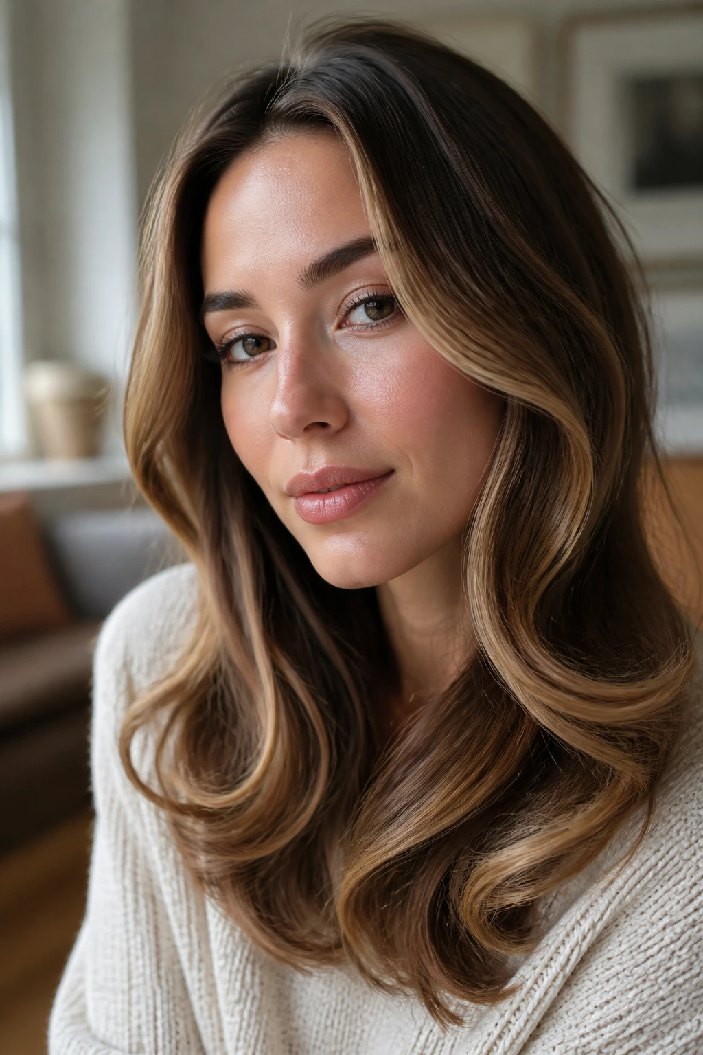 Close-up of a real woman with soft bent-ends waves.