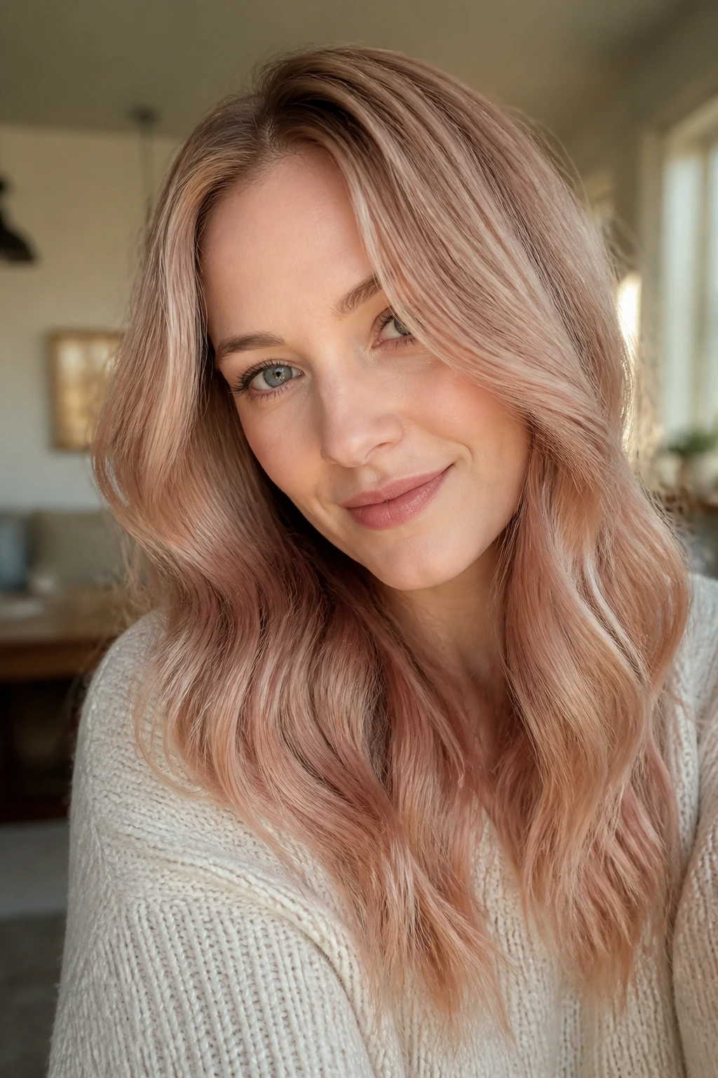 Real woman with soft berry blonde hair under warm daylight