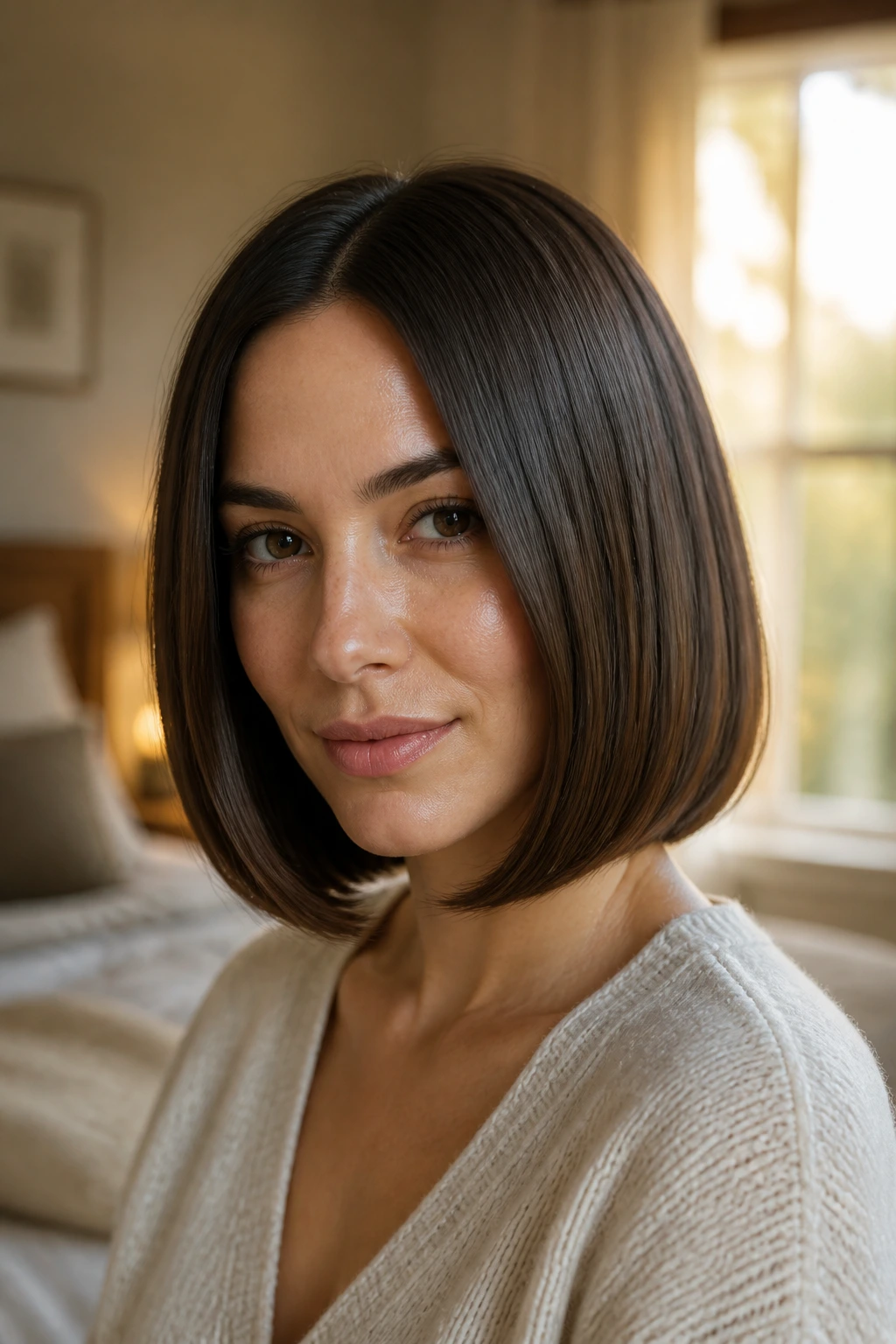 Close-up portrait of woman with soft-beveled sleek bob in a cozy bedroom
