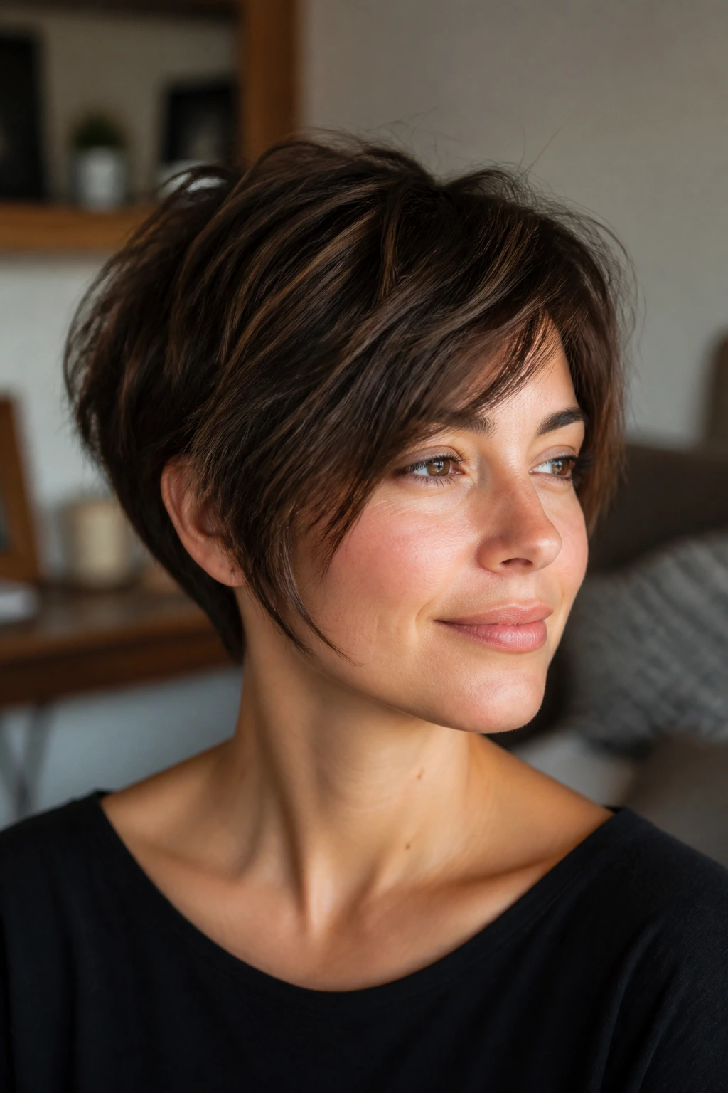 Close-up of a real woman with a Soft Bixie Drift pixie variation; back short and front lengthened toward the jaw.