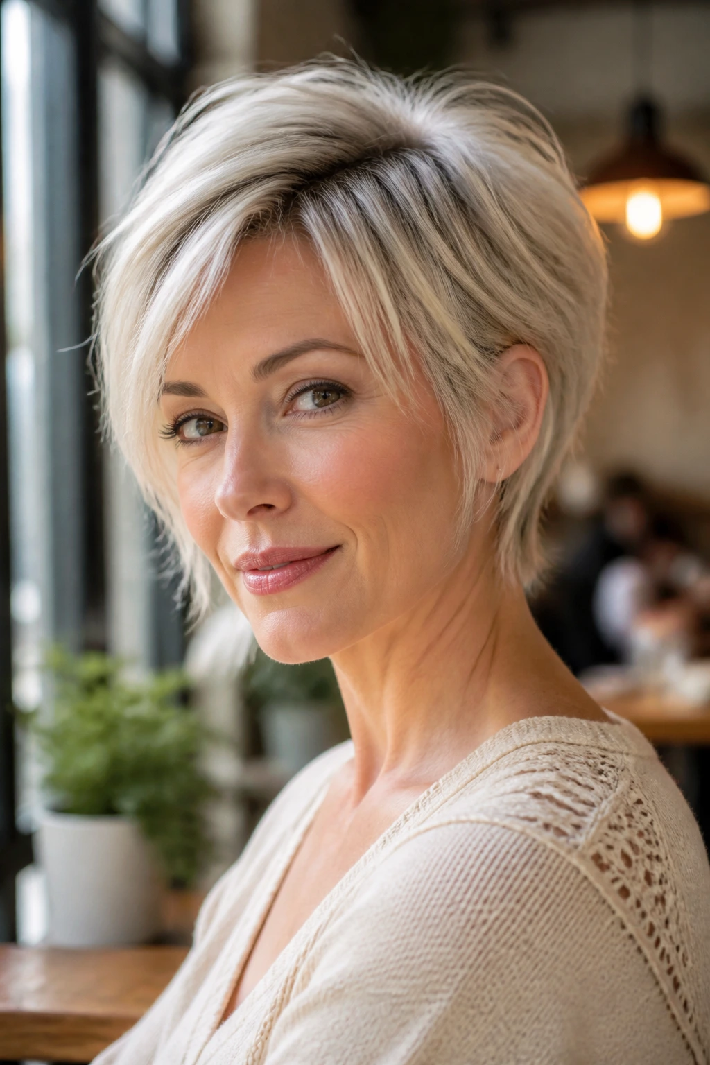 Portrait of a real woman with soft bixie pixie platinum in warm daylight