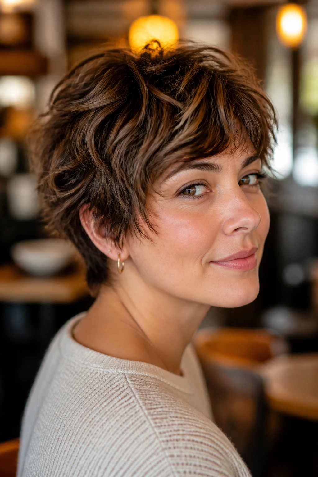 Portrait of a person with soft bixie shag hairstyle