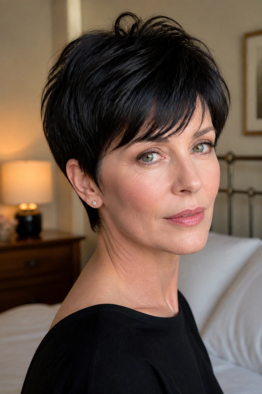 Close-up portrait of a real woman with soft black bixie haircut